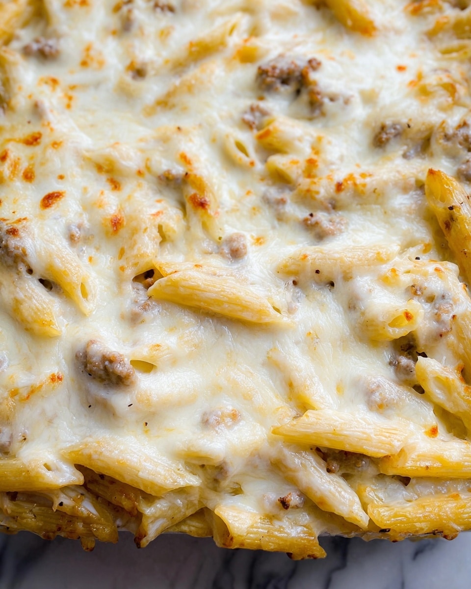 The close-up image shows a thick layer of baked penne pasta covered with melted white cheese. The pasta is a light golden yellow, and the cheese on top is creamy and smooth with some small browned spots, giving it a slightly bubbly texture. Small bits of ground meat are mixed evenly throughout the dish, peeking through the cheese and pasta. The baked cheesy pasta fills the entire frame, resting on a white marbled surface that adds brightness to the image. photo taken with an iphone --ar 4:5 --v 7