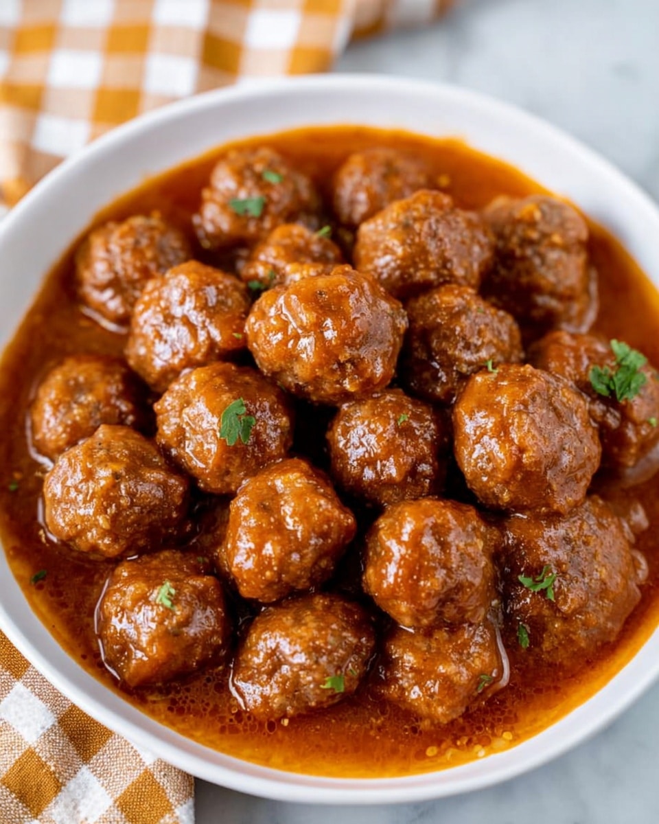 A white bowl filled with many small, round meatballs covered in a shiny, thick reddish-brown sauce. The meatballs have a slightly rough texture and are closely packed together, sitting in the sauce that pools at the bottom. The bowl is placed on a white marbled surface with a checkered cloth nearby. photo taken with an iphone --ar 4:5 --v 7