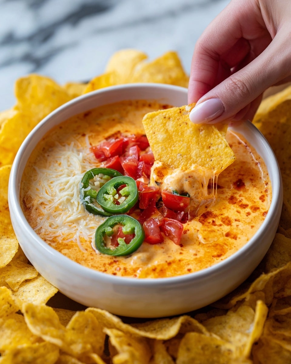 A white bowl filled with creamy orange cheese dip topped with shredded white cheese, small red tomato chunks, and sliced green jalapeños at the center. The bowl sits on a round white plate filled with yellow tortilla chips surrounding the bowl. The setup is placed on a white marbled surface with part of a red and white striped cloth visible. Photo taken with an iphone --ar 4:5 --v 7