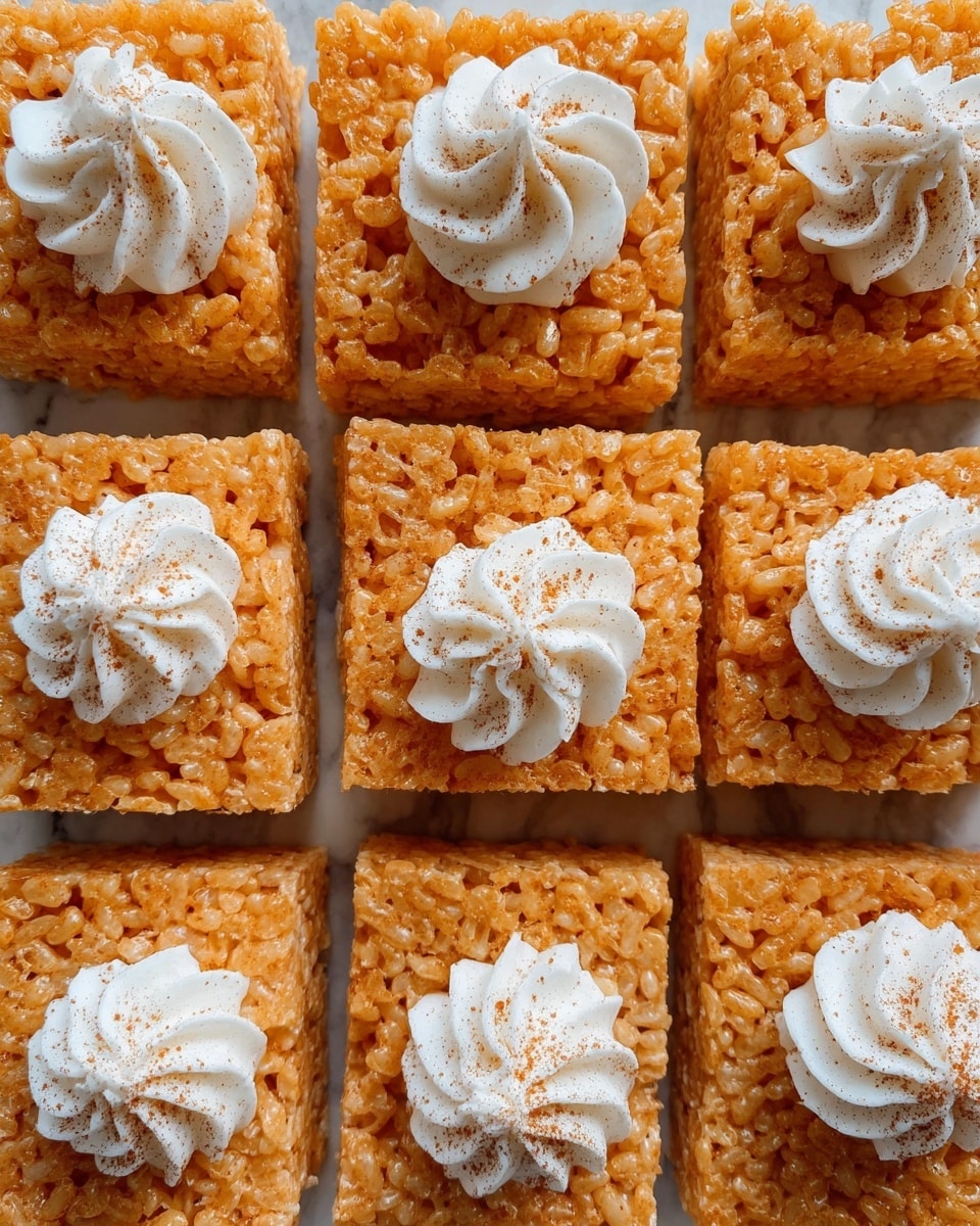 The image shows a close-up of a grid of square rice treats made from orange-colored puffed rice. Each square is topped with a dollop of white whipped cream that has a soft, swirled texture. The whipped cream on each piece is lightly sprinkled with a fine brown powder, likely cinnamon or spice. The squares are neatly arranged in rows, covering the entire frame, with a clear separation between each piece. The surface beneath the treats is a white marbled texture. photo taken with an iphone --ar 4:5 --v 7