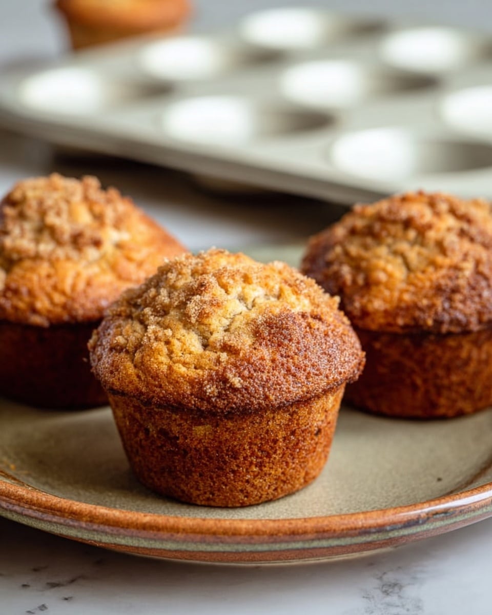 The image shows three muffins with a golden-brown color and a crumbly texture on top. They have a slightly darker base and are placed closely together on a round plate with an earthy design. In the background, there is a white muffin tray with empty slots on a white marbled surface. The muffins look soft inside with a crisp, crumb-topped shell that has small uneven pieces. The lighting highlights the warm tones of the muffins, with the focus mainly on the one in the front center. photo taken with an iphone --ar 4:5 --v 7