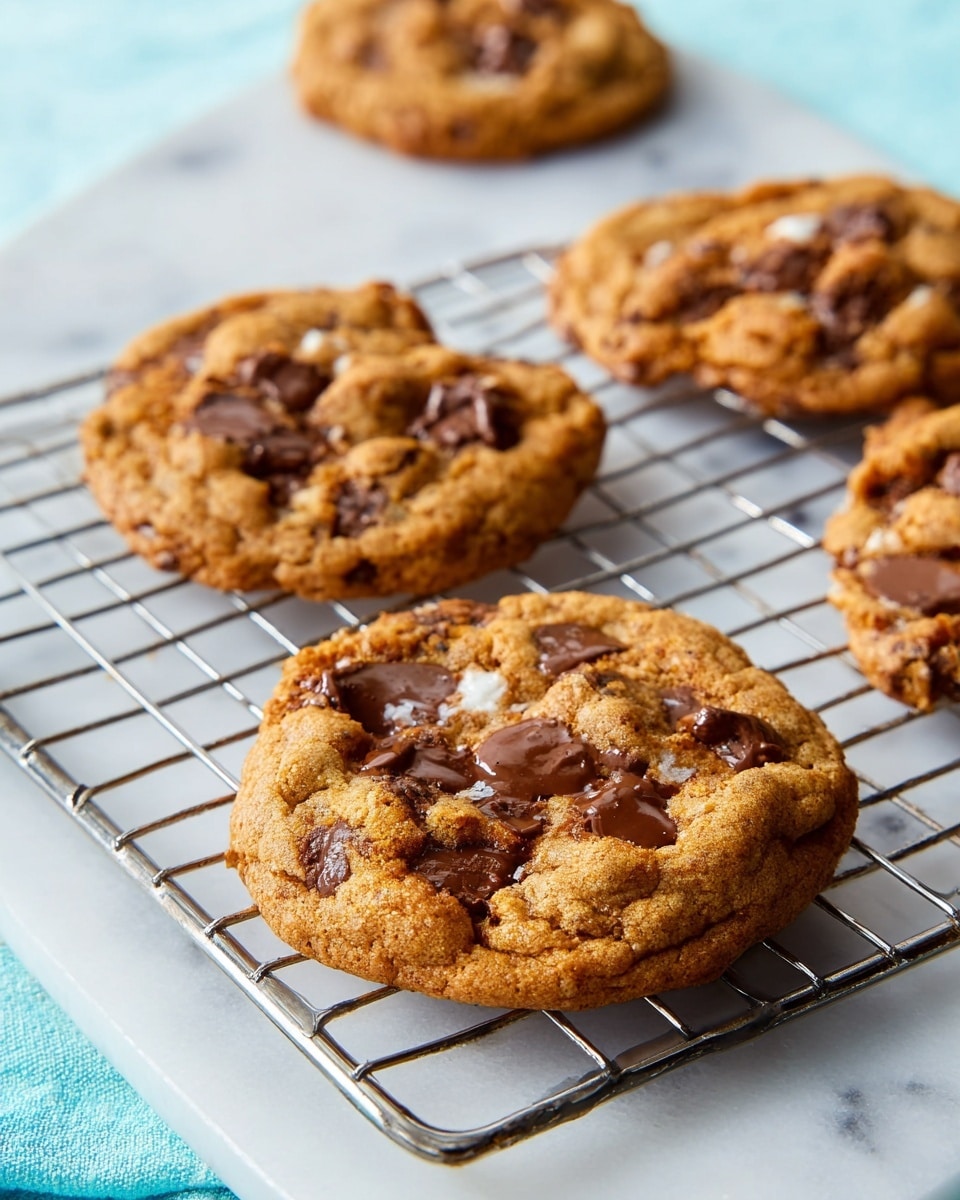 A single round cookie sits in the middle of a white plate, the cookie is golden brown with a rough texture, and it has dark chocolate chips and small white patches of melted marshmallows scattered on top. Behind the plate, five more cookies rest on a silver wire rack, each cookie similarly sized and textured with visible chocolate chips and marshmallows. The whole scene is placed on a white marbled surface with a folded blue and beige cloth underneath the plate and rack. The lighting is soft and natural, highlighting the warm tones of the cookies. photo taken with an iphone --ar 4:5 --v 7