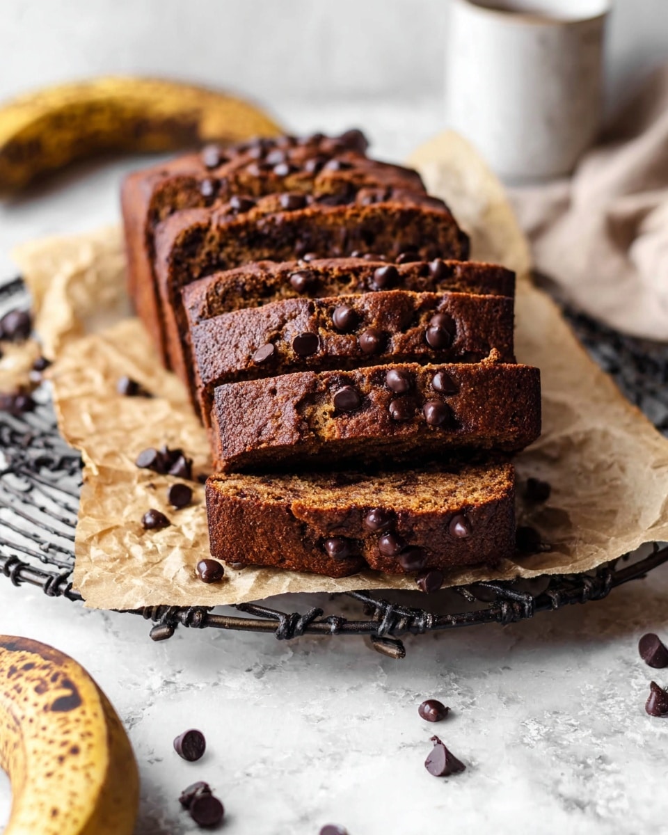 The image shows several slices of banana bread with dark chocolate chips spread throughout each slice. The banana bread has a golden brown crust and a moist, light brown interior with dense chocolate chunks visible from top to bottom. The slices are placed on crumpled beige parchment paper over a round black cooling rack, set on a white marbled surface. In the upper left corner, a ripe yellow banana with brown spots and some loose chocolate chips are visible, adding to the cozy baked look. The photo taken with an iphone --ar 4:5 --v 7