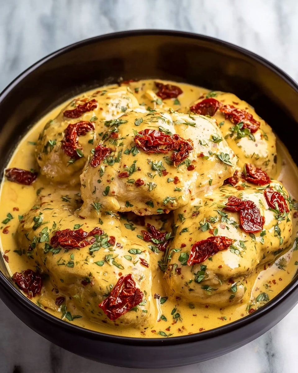 The image shows a white oval dish filled with a bed of white rice at the bottom. On top of the rice, there are two pieces of light golden chicken with a creamy yellow sauce covering them. The sauce is seasoned with green herbs and small red chili flakes. Scattered on the chicken and sauce are several pieces of roasted red cherry tomatoes, adding bright red color contrast. The sauce looks smooth and slightly thick, pooling around the chicken and rice. The dish is set on a white marbled surface. Photo taken with an iphone --ar 4:5 --v 7