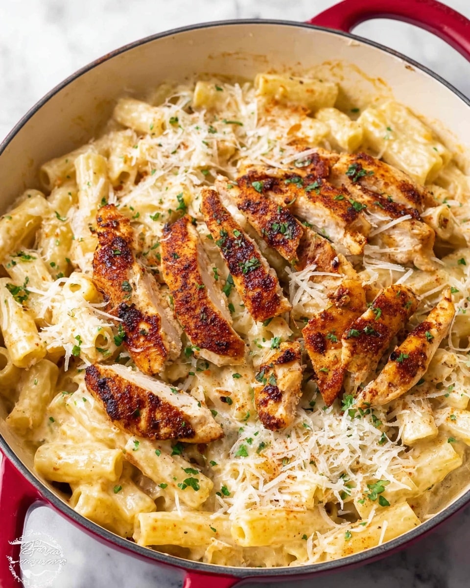The image shows a close-up of a white bowl filled with rigatoni pasta covered in creamy white sauce with small green herb pieces scattered on top. On the right side, pieces of golden-brown grilled chicken are layered, sprinkled with finely grated white cheese. A silver fork held by a woman's hand lifts a bite of the creamy pasta, highlighting the sauce's texture and herbs. The background is a white marbled surface. photo taken with an iphone --ar 4:5 --v 7