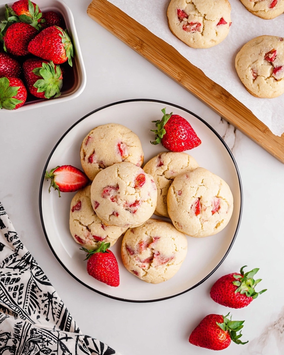 The image shows a white plate with a thin black rim holding six round cookies that are light golden brown with red strawberry pieces baked inside. Two halved strawberries with bright red flesh and green tops rest on the plate, adding a fresh touch. In the background, there is a white rectangular bowl filled with red strawberries with green leafy tops, nearby are more cookies on a wooden board lined with white parchment paper. A black and white patterned cloth is partially visible in the lower left corner. The whole scene is set on a white marbled surface, creating a clean and bright look. photo taken with an iphone --ar 4:5 --v 6.1