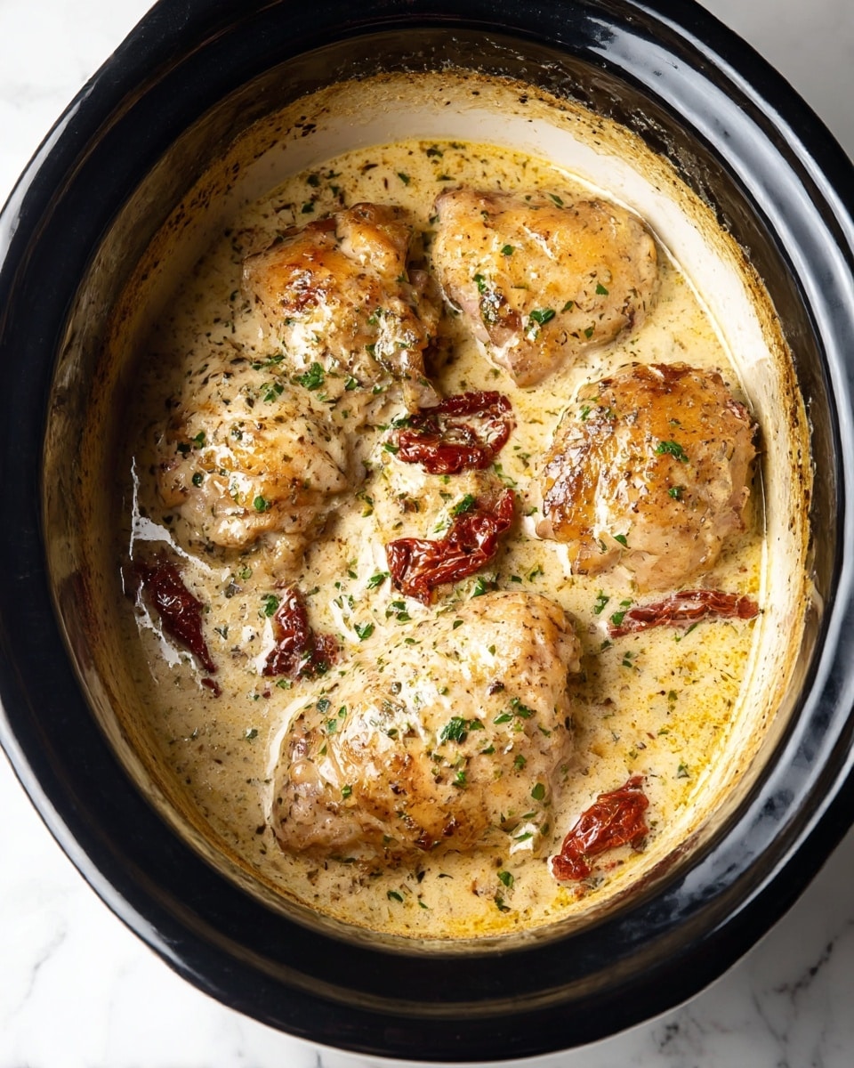 A close-up shows a black slow cooker pot filled with several pieces of browned chicken thighs covered in a creamy sauce with visible herbs and small bits of sun-dried tomatoes scattered on top and throughout. The creamy sauce has a light yellow color with a smooth and slightly thick texture. The chicken pieces are arranged in one layer inside the pot, partially submerged in the sauce. The photo was taken with an iphone --ar 4:5 --v 6.1