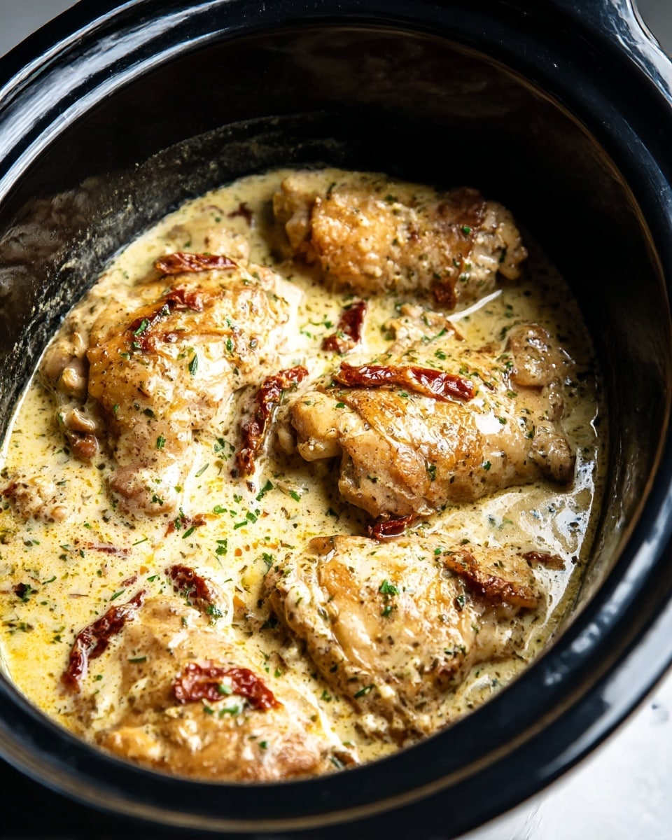Slow Cooker Creamy Sun-Dried Tomato Chicken Thighs Recipe - Recipe Image