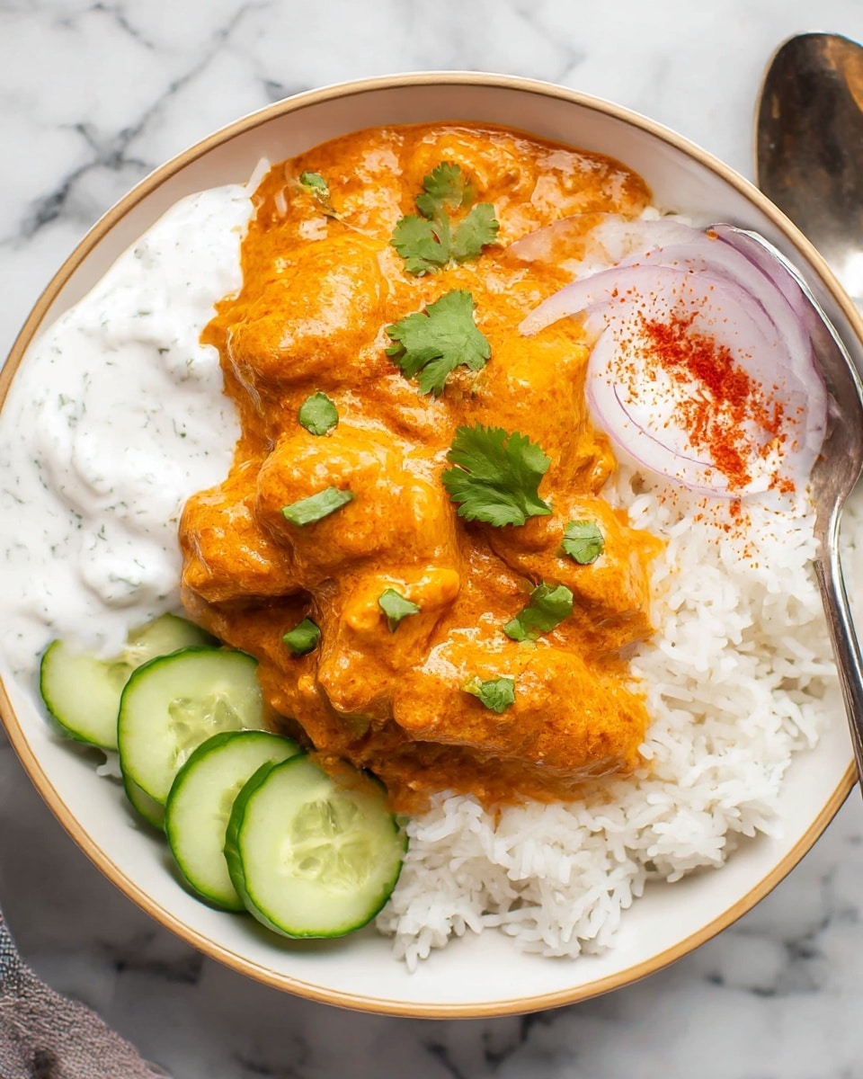The dish is served in a white bowl with a beige rim, placed on a white marbled surface. The bottom layer is fluffy white rice filling the bowl. On top of the rice, there is a thick layer of orange curry with visible chunks of meat, garnished with small green cilantro leaves. On one side of the curry, there are light green cucumber slices and a few slices of green chili. Next to the curry, there is a creamy white yogurt sauce with thin slices of red onion and a light sprinkle of red chili powder. A silver spoon is partially visible on the right side of the bowl. photo taken with an iphone --ar 4:5 --v 6.1