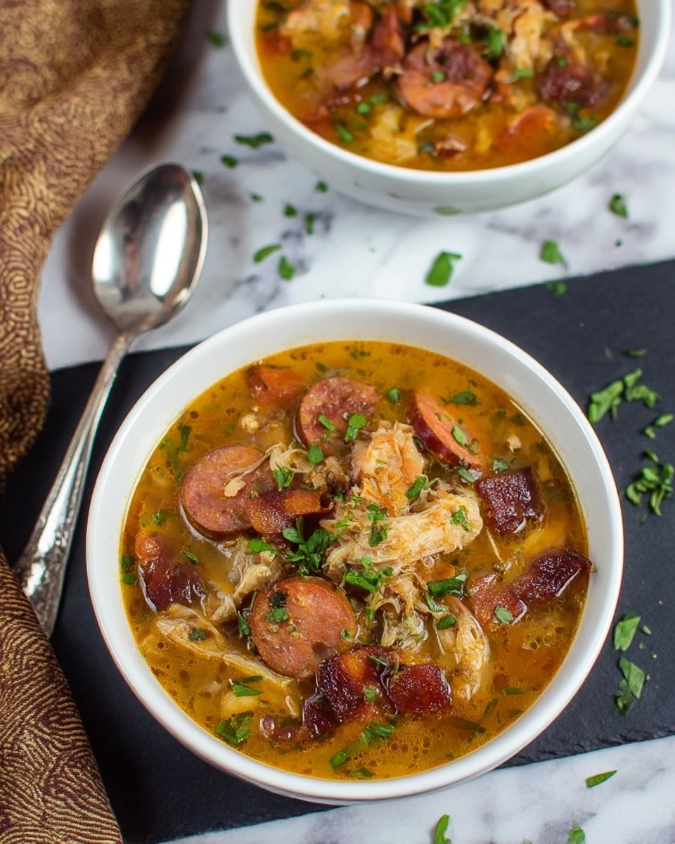 A white bowl filled with a layered soup showing a golden-brown broth as the base layer, topped with pieces of shredded pale brown meat, thick slices of browned sausage, and small crispy brown bacon pieces. Fresh green herbs are sprinkled on top, adding a bright contrast. The bowl sits on a white marbled surface with some green herbs scattered around. A second bowl with similar contents is partially visible in the background. photo taken with an iphone --ar 4:5 --v 6.1