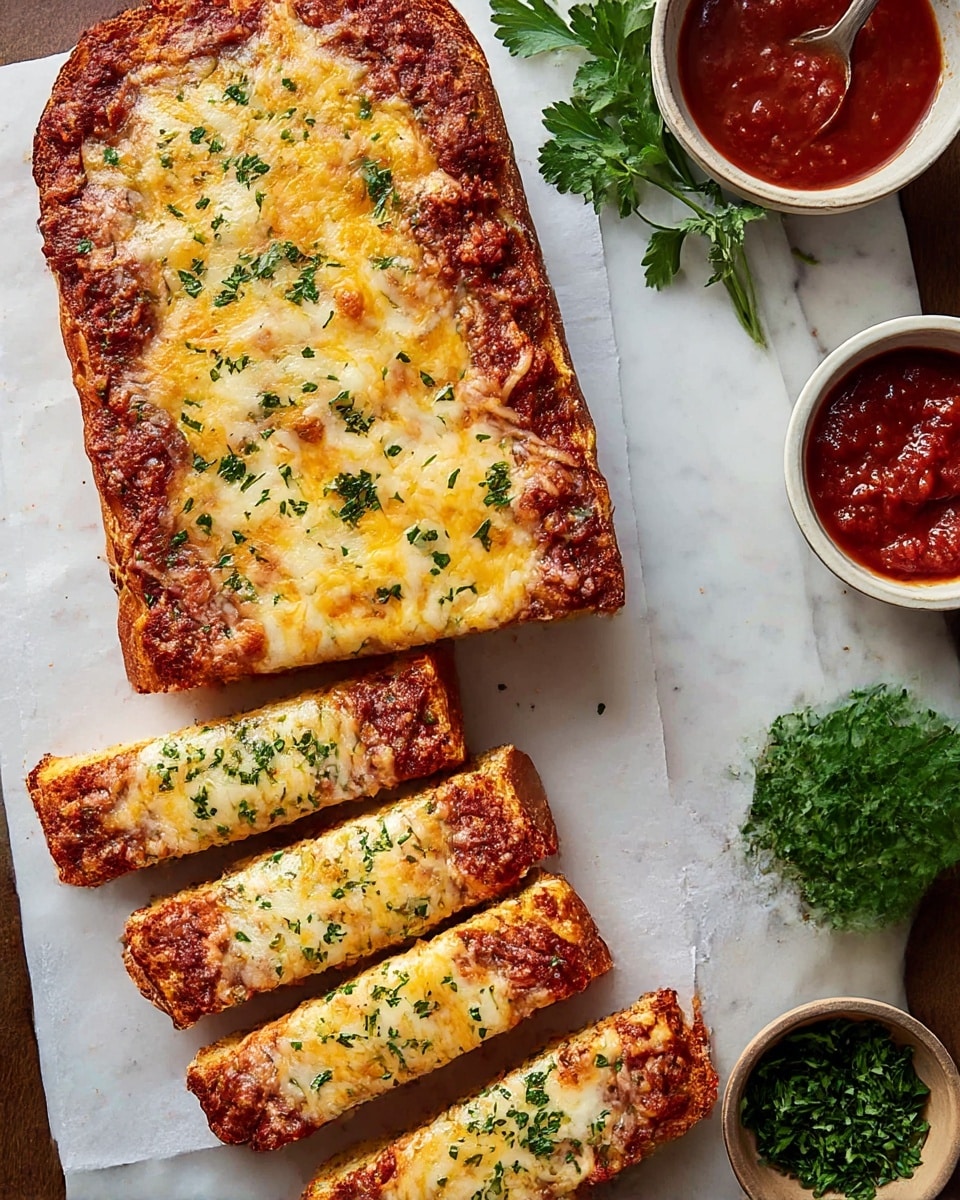 A large piece of toasted bread sits on a white marbled surface covered with a thick layer of chunky red meat sauce, topped with a layer of melted yellow and white cheese that spreads evenly across the surface with some browned spots and small green herb sprinkles. Next to it, six sliced pieces are laid out in a neat row with the same three layers visible: the base of toasted bread, the reddish meat sauce, and the melty cheese on top, all sprinkled lightly with green herbs. Near the bread are two small bowls, one filled with a red sauce and the other with finely chopped green herbs, and fresh green parsley resting on the side. Photo taken with an iphone --ar 4:5 --v 7