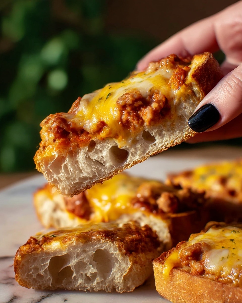 A close-up of a slice of thick bread toast held by a woman's hand with black nail polish, showing three layers: the bottom layer is light brown toasted bread with airy holes, the middle layer is a chunky red sauce with some brown chunks of meat, and the top layer is a blend of melted yellow and white cheese, slightly browned and bubbly. The toast slice is lifted above other similar slices on a white marbled surface with a blurred green background. The lighting is warm and natural, making the dish look fresh and savory. photo taken with an iphone --ar 4:5 --v 7