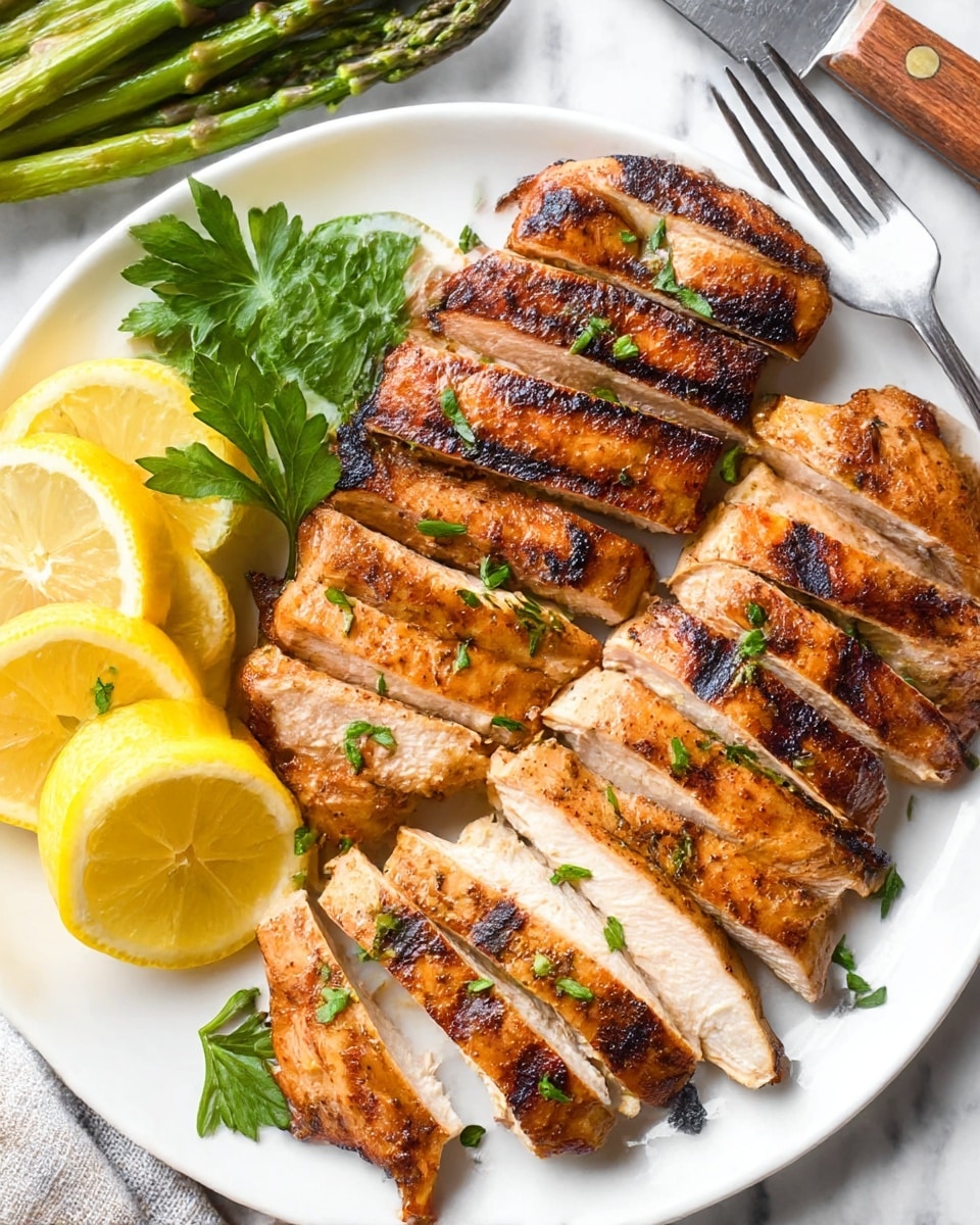 The image shows a white plate with two grilled chicken pieces placed in the center right, golden brown with grill marks and sprinkled with chopped green herbs. To the left of the chicken, there are six green grilled asparagus spears arranged side by side, slightly charred at the tips. At the top right on the plate, two bright yellow lemon wedges rest next to the chicken. Two silver forks are placed diagonally over the asparagus. The plate sits on a white marbled surface with part of another white plate with grilled chicken and lemon wedge visible at the top left. A wooden bowl with chopped green herbs is at the top right corner, and a blue and white striped cloth is tucked under the bottom right edge of the plate. Photo taken with an iphone --ar 4:5 --v 7