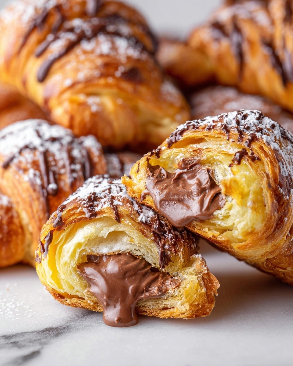 A close-up view of several croissants on a white marbled surface, with the front croissant broken in half showing multiple flaky, golden-brown layers filled and topped with creamy milk chocolate. The chocolate filling oozes between the light yellow-brown pastry layers and thick chocolate drizzles decorate the top, while a light dusting of white powdered sugar adds contrast. In the background, whole croissants are slightly blurred, showing their shiny, slightly crisp outer layers with a similar chocolate drizzle. photo taken with an iphone --ar 4:5 --v 7