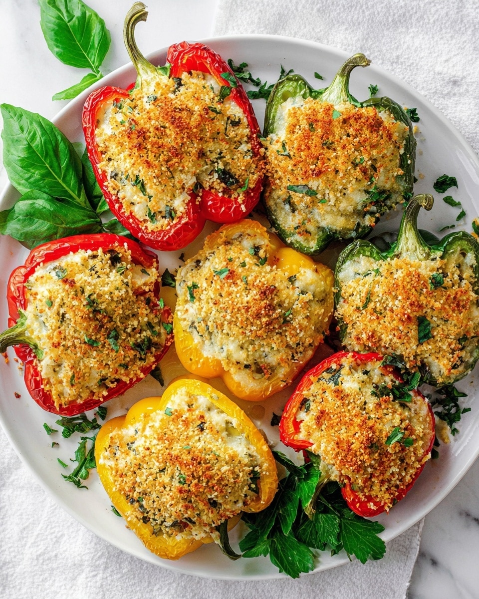 The dish shows two halves of a stuffed red bell pepper placed on a white plate over a white marbled surface, each half featuring three distinct layers: a vibrant red pepper base with a smooth, shiny texture, a middle layer of mixed green herbs and cheese filling with a soft, slightly creamy look, and a top layer of golden brown crispy breadcrumbs sprinkled with grated white cheese. The filling is thick and slightly crumbly with visible greens while the pepper skin remains glossy and tender. Small crumbs and black pepper flakes are scattered around the plate, and the background includes a blurred white cloth and glassware, all giving a clean and bright feel. Photo taken with an iphone --ar 4:5 --v 7