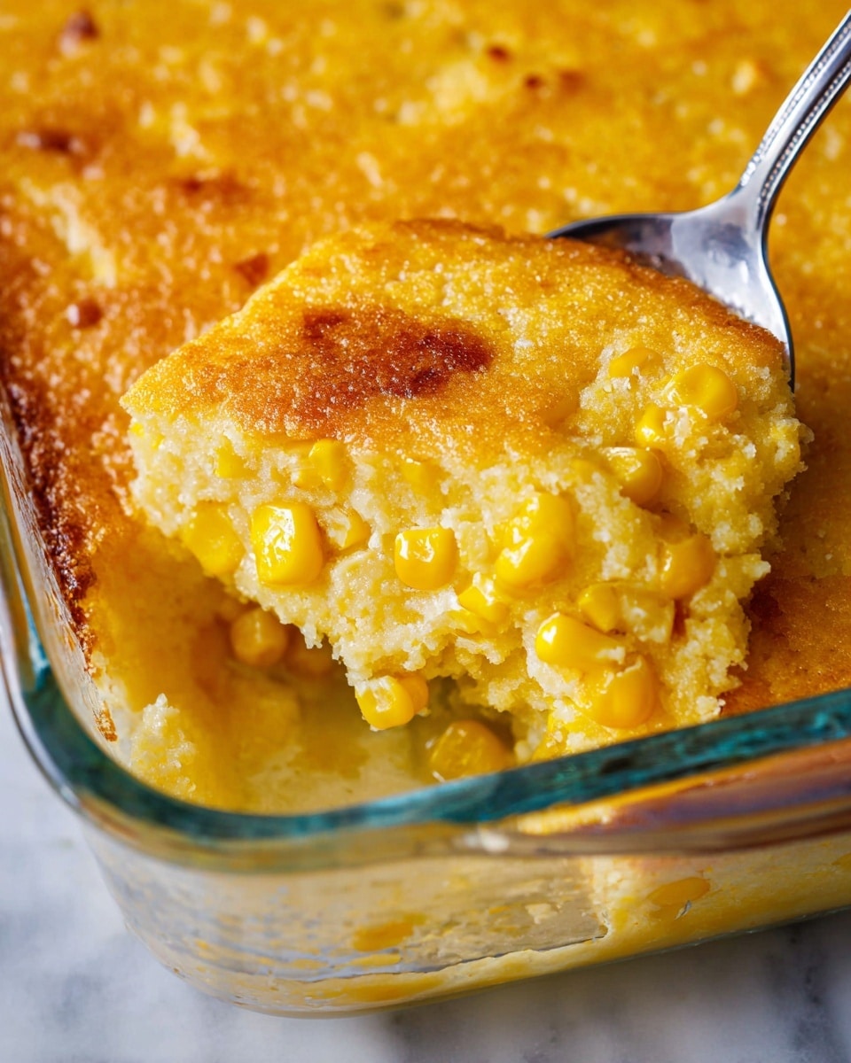 The image shows a close-up of a glass baking dish filled with thick corn pudding. The dish has two visible layers: the bottom layer is creamy and shiny with whole bright yellow corn kernels spread evenly, while the top layer is a golden-yellow crumbly crust with a slightly rough texture and a few browned spots. A silver spoon is scooping out a portion from the corner, revealing the soft, moist inside and the textured crust on top. The dish is set on a white marbled surface. Photo taken with an iphone --ar 4:5 --v 7