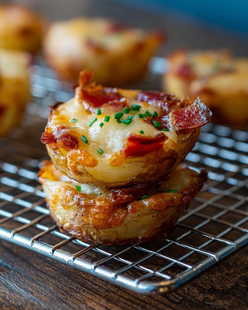 A close-up view shows a small round baked snack on a wooden surface, topped with a bubbly, golden layer of melted cheese and a slice of cooked, slightly crispy reddish meat, with small green herb pieces sprinkled on top. Above it, a spoon holds a thick, textured deep red sauce with visible chunks, dripping onto the snack. The background is softly blurred with similar baked snacks visible. photo taken with an iphone --ar 4:5 --v 7
