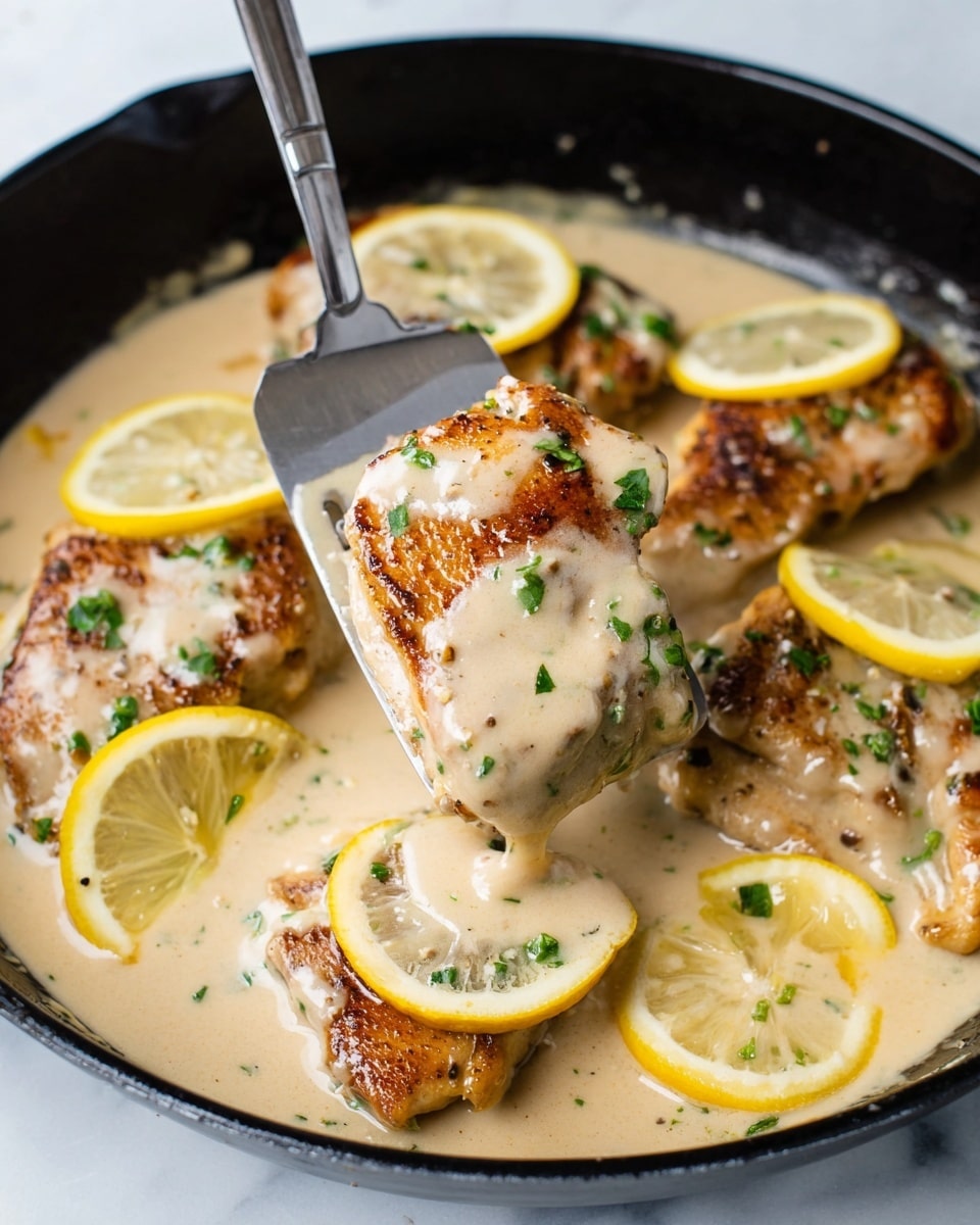 The image shows five golden-brown cooked chicken pieces layered evenly in a creamy light beige sauce inside a white pan on a white marbled surface. Two lemon wedges, bright yellow with a juicy texture, are placed between and beside the chicken. The chicken pieces are drizzled with a lighter creamy sauce and sprinkled with small chopped green herbs, adding contrast and freshness to the dish. The sauce has a smooth texture and pools gently around the chicken. photo taken with an iphone --ar 4:5 --v 7