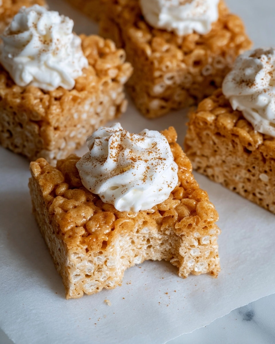 The image shows several square-shaped crispy cereal treats with a golden brown color and a slightly sticky texture. Each treat has two visible layers: a denser, lighter bottom layer of tightly packed cereal and a thicker, darker golden top layer mixed with syrup that gives a sticky texture. On top of each square is a dollop of white whipped cream or frosting with a smooth, fluffy texture, sprinkled with a fine dusting of light brown cinnamon powder. One treat in the front has a bite taken from it, showing the chewy inside. The treats sit on a sheet of parchment paper on a white marbled surface. photo taken with an iphone --ar 4:5 --v 7