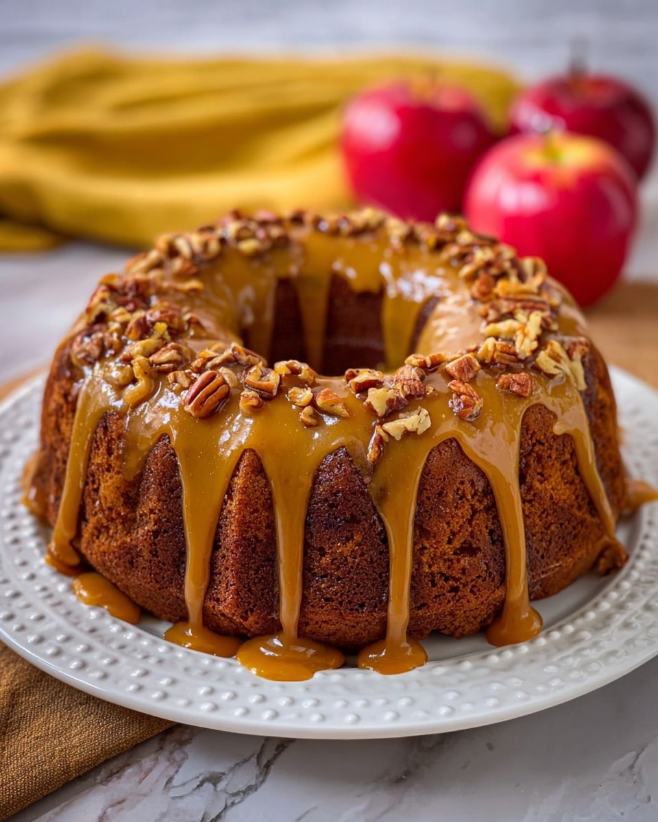 A close-up of a thick slice of brown cake with visible pieces of light yellow fruit inside, held by a metal spatula over a white plate on a white marbled surface. The top of the cake is covered in a smooth layer of caramel-colored sauce with small nut pieces sprinkled on top. In the background, an out-of-focus red and yellow apple is visible. photo taken with an iphone --ar 4:5 --v 7