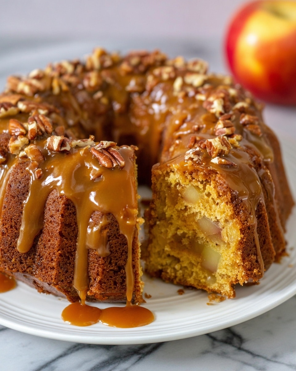 A round bundt cake with a deep brown color sits on a white plate with small raised dots along the edge, placed on a white marbled surface. The cake has a smooth texture with small cracks and is topped with a thick caramel-colored glaze that drips down the sides unevenly, creating a rich and shiny coating. Sprinkled on top of the glaze are small pieces of pecans, adding a crunchy texture and a warm brown shade. Two red apples are visible in the background on the white marbled surface, along with a folded yellow cloth nearby. photo taken with an iphone --ar 4:5 --v 7