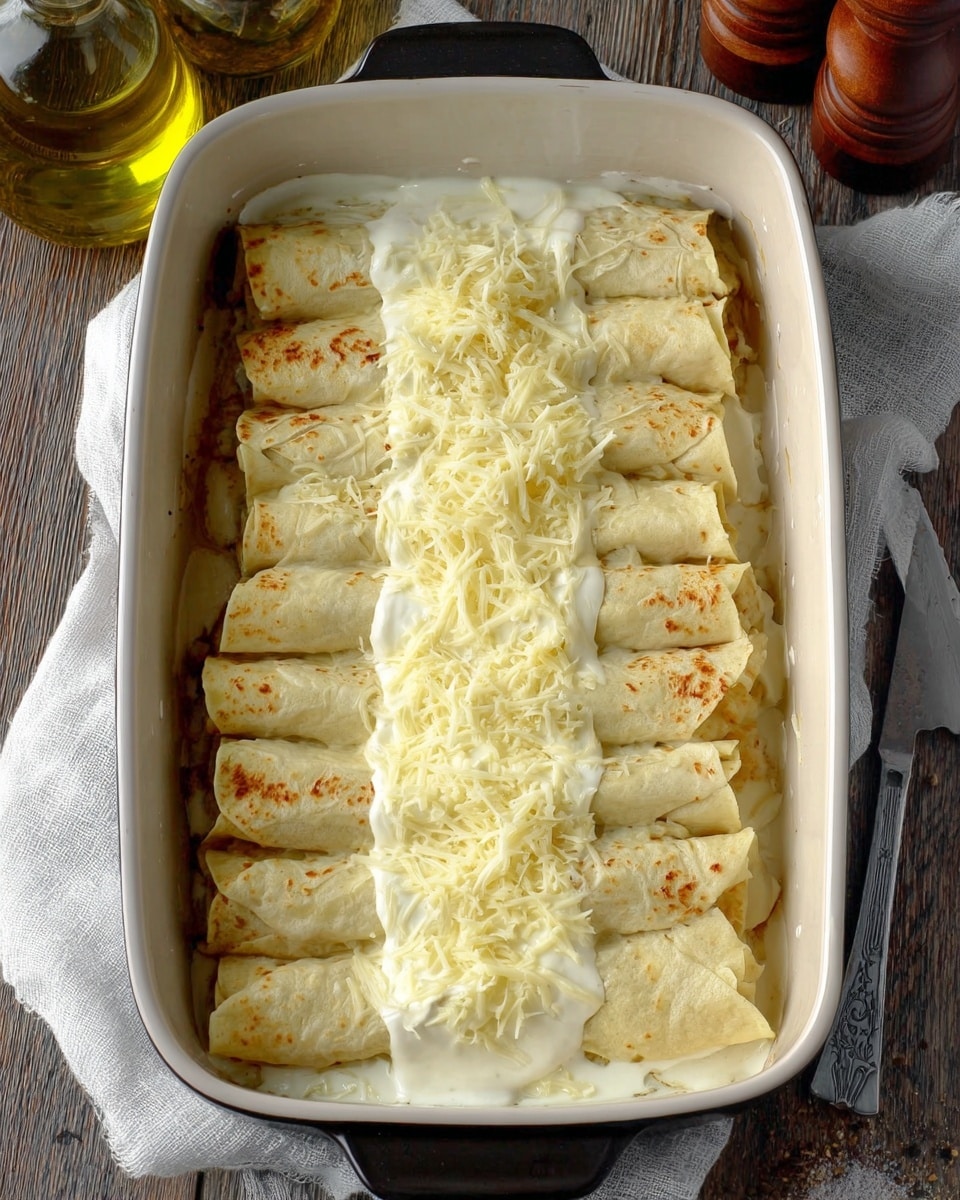The image shows a white rectangular baking dish filled with two rows of rolled thin light golden pancakes placed tightly side by side. The middle part of the pancakes is covered with a thick layer of white creamy sauce topped with a generous sprinkle of shredded pale yellow cheese. The edges of the pancakes have a soft texture with light brown spots. The dish is placed on a wooden surface, partially covered by a white cloth, with a glass bottle of olive oil and a pepper grinder nearby. Photo taken with an iphone --ar 4:5 --v 7