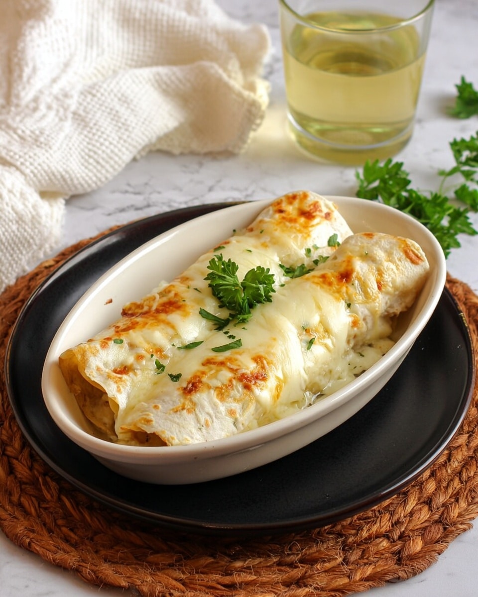 A white oval dish holds two rolled crepes covered with melted cheese that is lightly browned in some spots. The crepes are golden and soft with visible folds under the cheese layer. On top, there is a small green parsley garnish. The dish sits on a black round plate which is placed on a brown woven mat, all set on a white marbled surface. In the background, there is a glass filled with light yellow liquid and some loose green parsley leaves to the side. A white cloth is partially visible in the upper left corner. Photo taken with an iphone --ar 4:5 --v 7