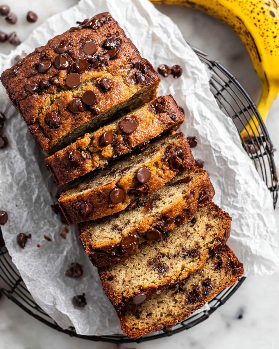 A row of thick chocolate banana bread slices is stacked slightly leaning on each other on a piece of brown parchment paper, placed on a black cooling rack. Each slice is rich brown with a moist, dense texture and dotted generously with melted dark chocolate chips on top and inside. The edges are slightly darker and crispy, adding contrast. Scattered chocolate chips and a whole ripe banana with brown spots lie casually on a white marbled surface around the rack. In the background, a white cup is out of focus. The scene is well lit, inviting, and rustic. Photo taken with an iphone --ar 4:5 --v 7