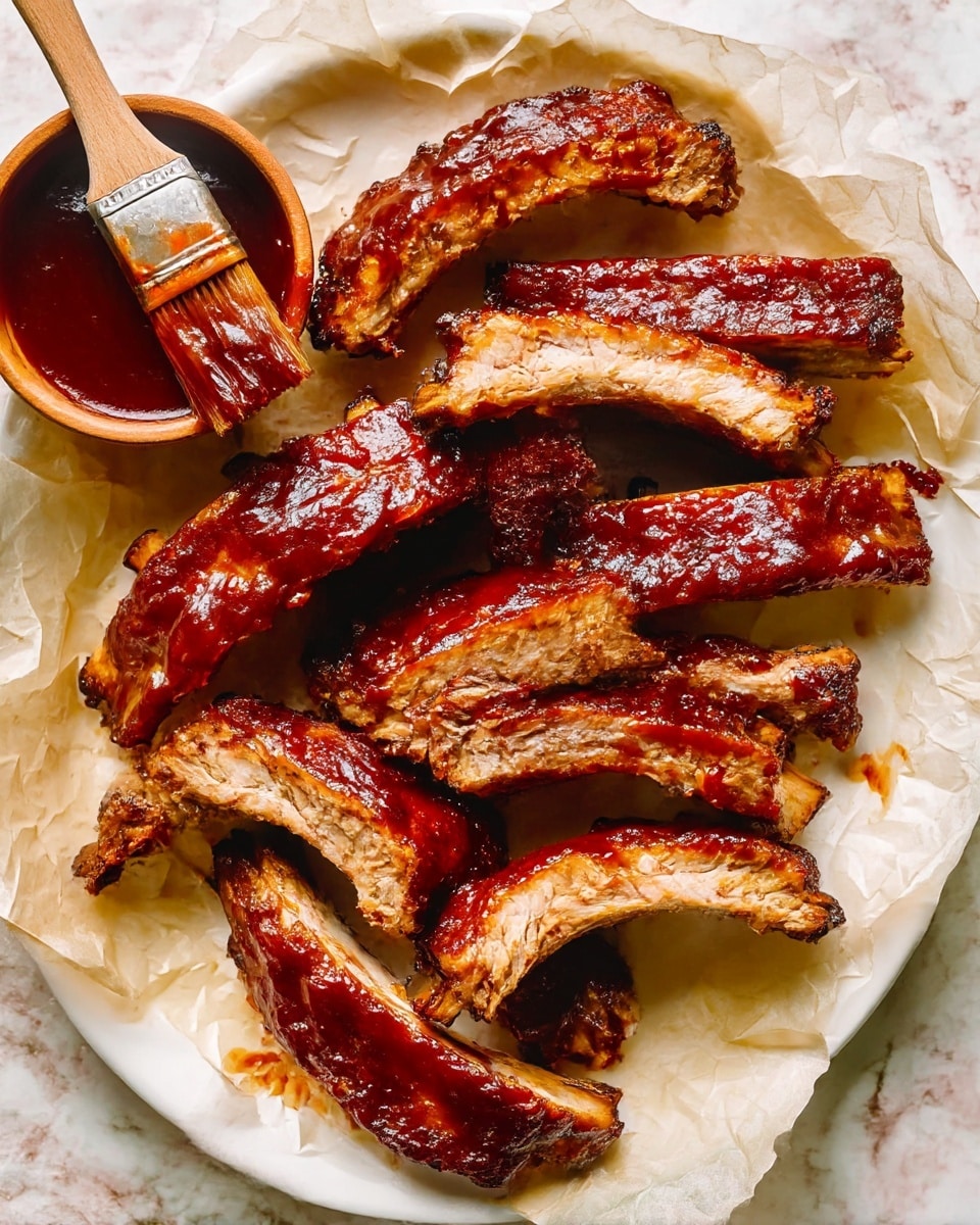 This image shows several pieces of ribs covered in shiny dark red barbecue sauce, placed on crinkled brown parchment paper. The ribs have layers of tender, slightly brown meat with visible texture under the sauce, and there are bones visible in some of the rib pieces. The ribs are arranged closely together on a white plate that is partly visible at the bottom of the image. The background surface is a white marbled texture. photo taken with an iphone --ar 4:5 --v 6.1