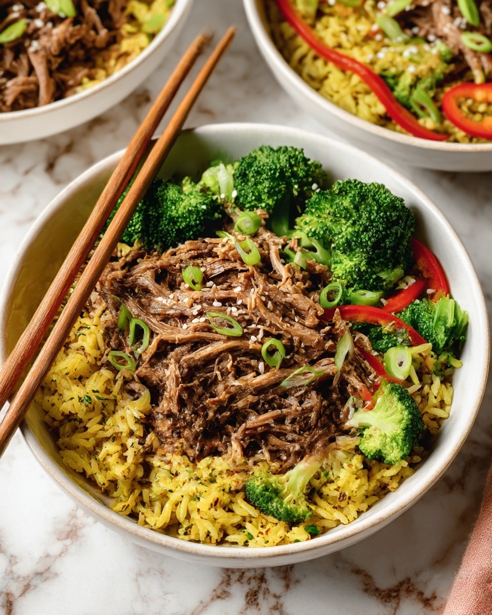 A white bowl filled with three main layers: the bottom layer is yellow rice mixed with small bits of green herbs, topped with a generous pile of shredded brown meat in the center. Around the meat, there are bright green broccoli florets and fresh green snap peas, with thin strips of red pepper scattered for color. The surface of the dish is sprinkled with small white sesame seeds and thinly sliced green onions. A pair of wooden chopsticks rests on the left side of the bowl. The bowl is set on a white marbled surface, with parts of two similar bowls visible in the background. photo taken with an iphone --ar 4:5 --v 6.1