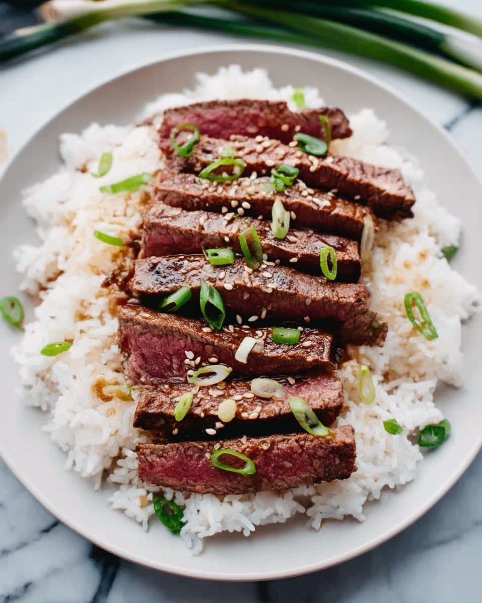 On a white plate over a white marbled surface, there is one thick steak sliced into eight pieces arranged closely together. The steak has a medium-rare inside with a reddish-pink center and browned outer edges. Each slice is covered with a shiny dark brown glaze sauce that adds a glossy texture. Scattered on top are small white sesame seeds and bright green fresh sliced scallions. A gold fork rests near the bottom right of the steak, partially touching the meat. The photo was taken with an iphone --ar 4:5 --v 7