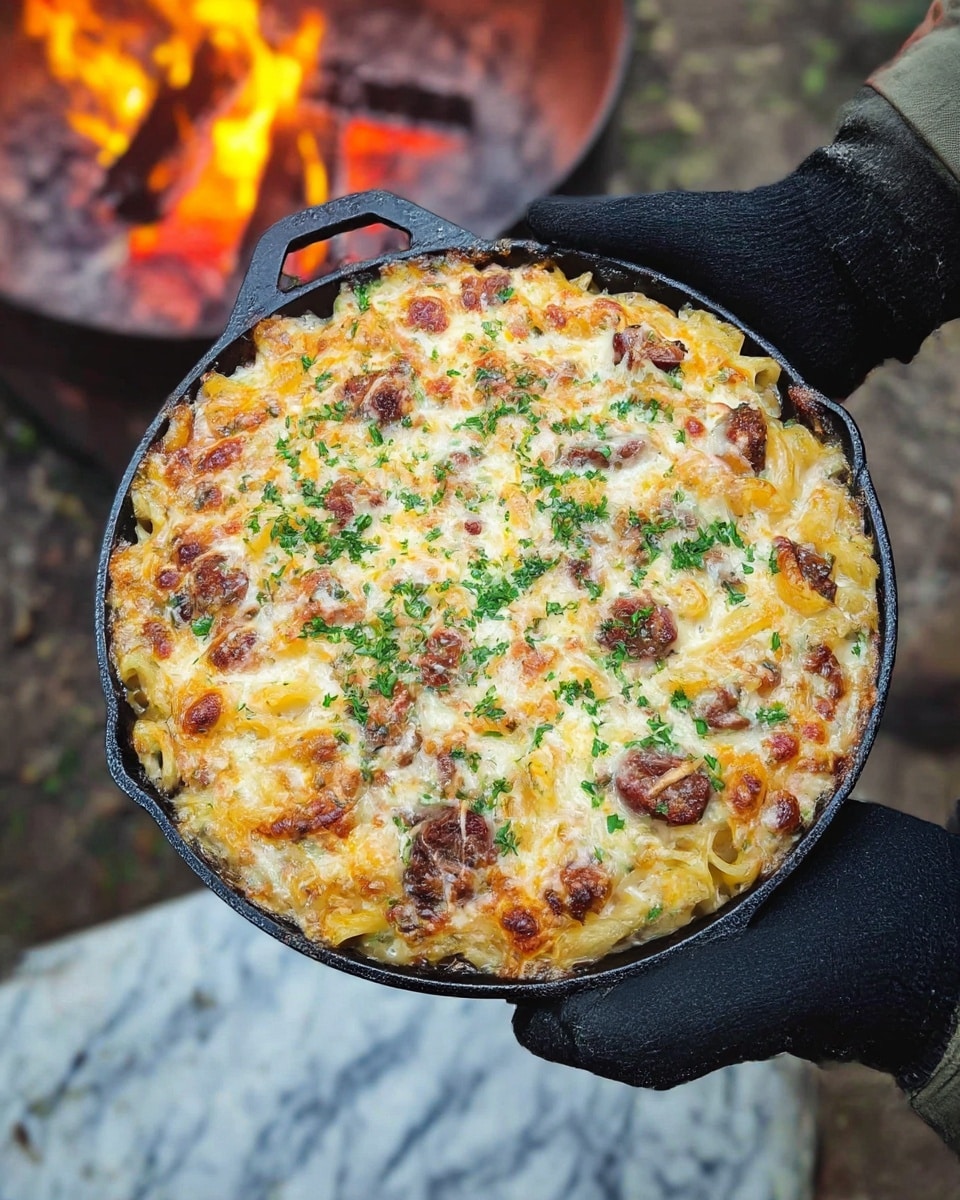 A cast iron pan filled with one thick layer of creamy baked pasta topped with browned melted cheese and scattered chunks of browned meat, sprinkled with finely chopped green herbs, held by two hands wearing black gloves, with an outdoor fire burning softly in the blurred background and a white marbled surface below. photo taken with an iphone --ar 4:5 --v 7