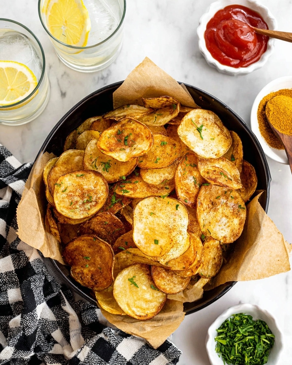 A large white bowl lined with black and white newspaper-style paper is filled with a pile of golden brown potato chips sprinkled with small green herb pieces. The chips have a crispy texture with some edges curled up, showing a slight darker brown color on the sides. Around the bowl on a white marbled surface, there is a small round bowl filled with chopped green herbs, two glasses of ice water each garnished with lemon wedges, and red and yellow squeeze bottles partially visible on a black and white checkered cloth. A few chips are scattered outside the bowl nearby. photo taken with an iphone --ar 4:5 --v 7