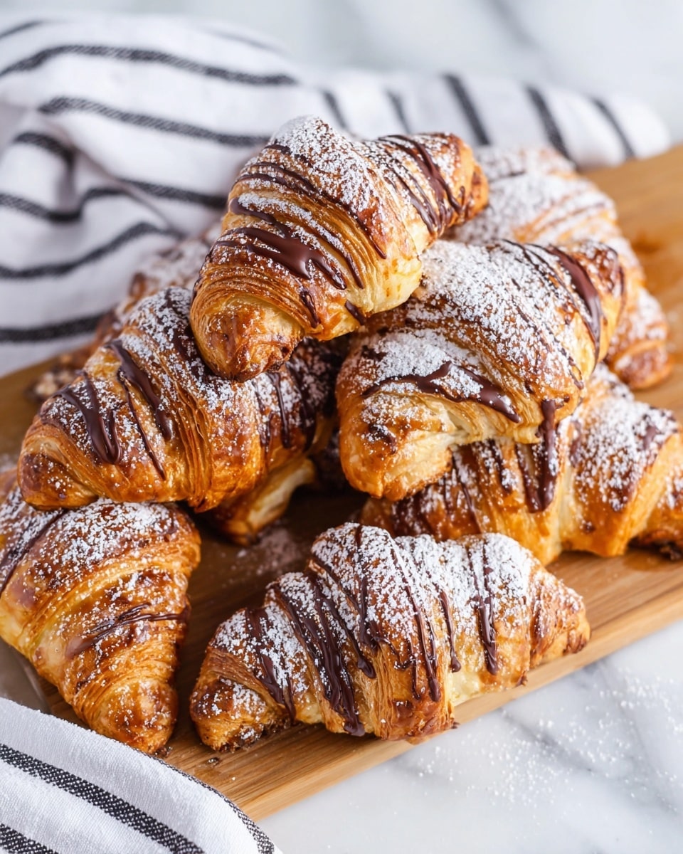 The image shows a pile of golden brown croissants on a wooden board placed on a white marbled surface. Each croissant has layers of flaky, crispy dough that curl at the edges, covered with a dusting of white powdered sugar. Dark brown chocolate drizzle streaks across the top in thin lines, adding contrast and texture. The croissants are stacked casually, some leaning on others, with extra croissants scattered around the board, showing their rounded edges and shiny crusts. In the left corner, a white cloth with black stripes is partly visible. photo taken with an iphone --ar 4:5 --v 7