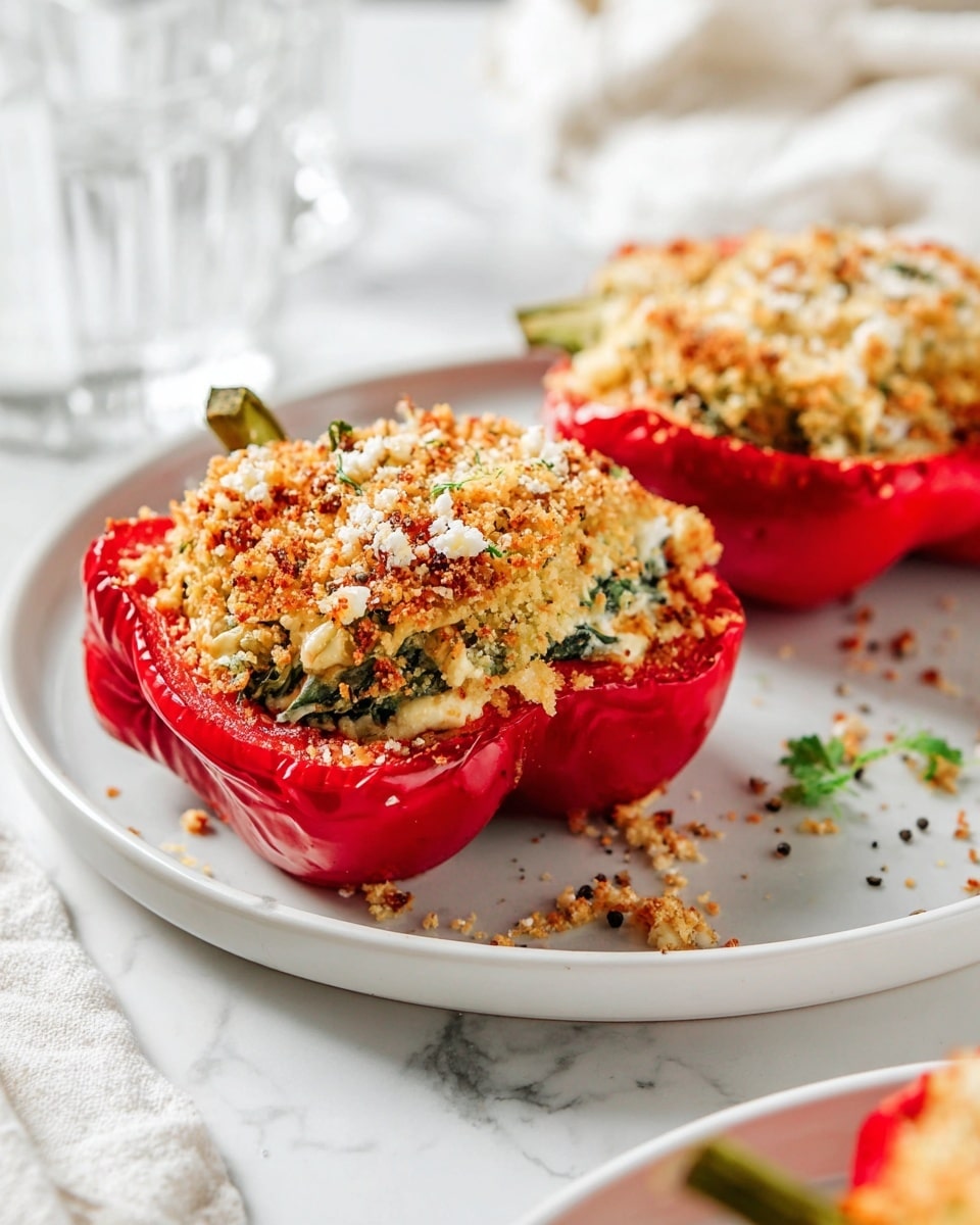 The image shows six stuffed bell pepper halves placed on a round white plate over a white marbled surface. The peppers are in red, yellow, and green colors with a golden brown breadcrumb topping that looks crispy. Inside, there is a creamy filling mixed with visible green herbs and melted cheese. One yellow pepper is broken open with a spoon scooping out the soft, creamy filling that stretches slightly with melted cheese. Fresh green parsley leaves are scattered around the plate for decoration. Photo taken with an iphone --ar 4:5 --v 7