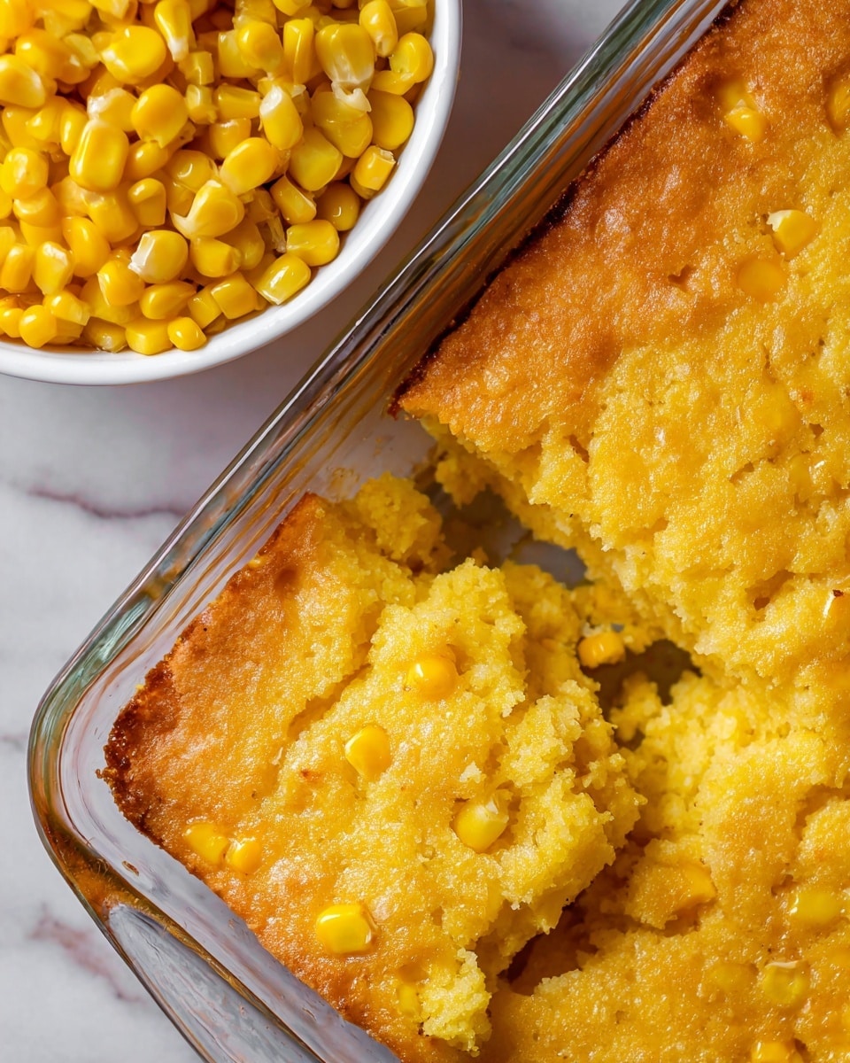 The image shows a close-up of a golden yellow corn casserole with a crumbly, slightly browned top layer in a clear glass baking dish. The casserole has a thick, textured surface with visible whole corn kernels scattered through and just under the top crust. In the upper left corner, there is a white bowl filled with bright yellow whole corn kernels. The whole scene sits on a white marbled surface. Photo taken with an iphone --ar 4:5 --v 7