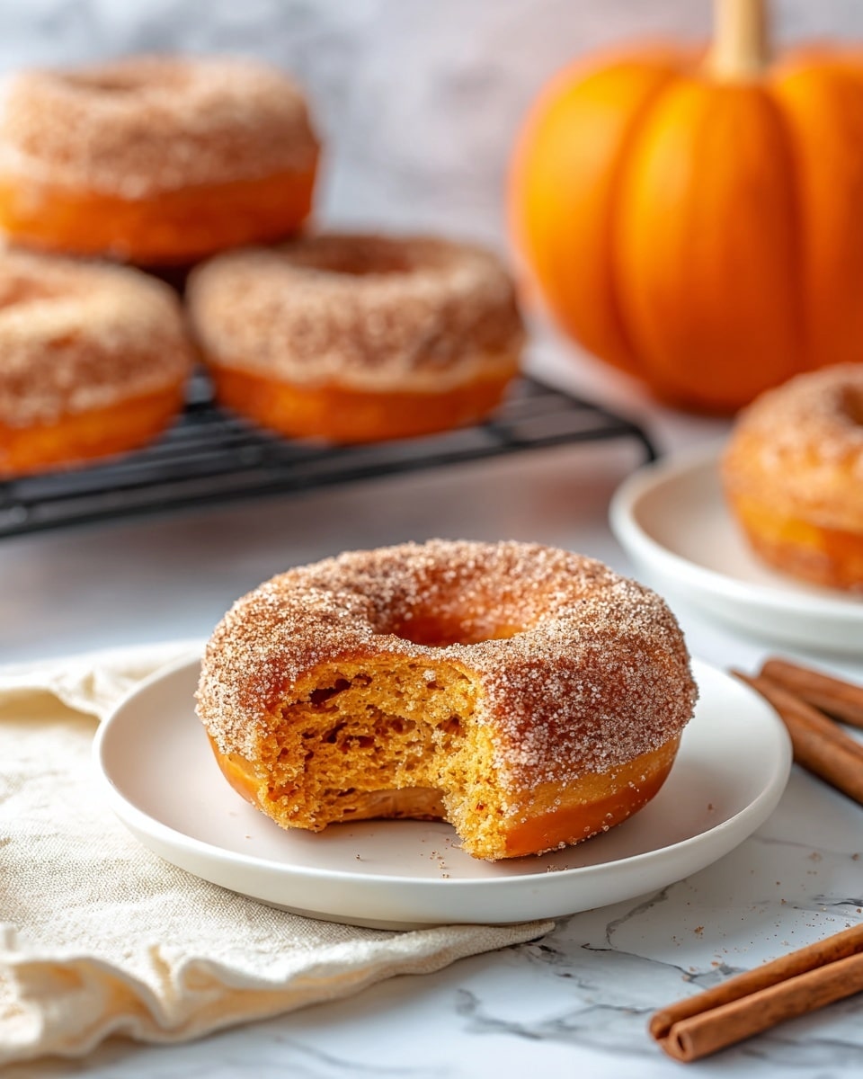 A single round doughnut with a soft, moist, orange-brown interior is placed on a white plate. The doughnut has a thick middle layer of sugar-coated cinnamon, which also covers the top in a rough, grainy texture. In the background, several similar doughnuts rest on a black cooling rack, with one more partially visible on a white plate. A whole orange pumpkin is softly out of focus in the background, adding warm autumn tones to the scene. The setting includes a white marbled surface, a folded cream cloth under the plate, and two cinnamon sticks lying nearby. Photo taken with an iphone --ar 4:5 --v 7