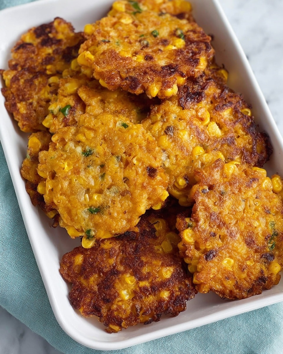 The image shows a white rectangular dish filled with multiple corn fritters. Each fritter is roughly round and has a golden brown, slightly crispy texture with some darker browned spots and visible yellow corn kernels mixed throughout. The fritters have a rough, uneven surface that looks crunchy on the edges, with small green flecks of herbs scattered inside. The dish is placed on a light blue cloth on a white marbled surface. photo taken with an iphone --ar 4:5 --v 7