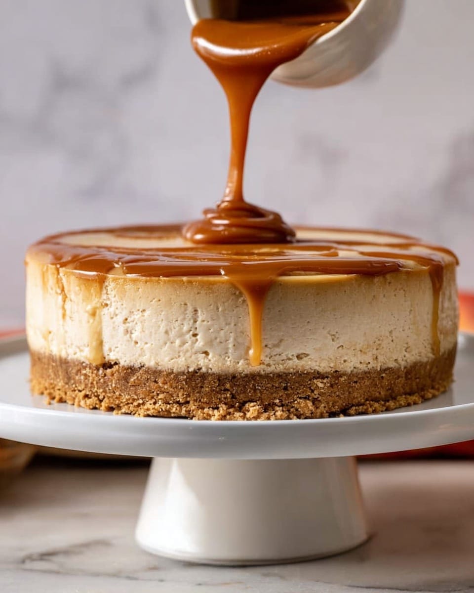The image shows a slice of cheesecake on a white plate. The cheesecake has three layers: a crumbly golden brown base, a thick creamy off-white middle layer, and a smooth caramel-colored top layer. Small cubes of red-skinned apple are placed on the caramel top and around the cheesecake on the plate. In the background, there are three red apples and a blurred second slice of cheesecake on another white plate. The scene is set on a white marbled surface with a soft beige cloth and a silver fork resting on the plate. Photo taken with an iphone --ar 4:5 --v 7