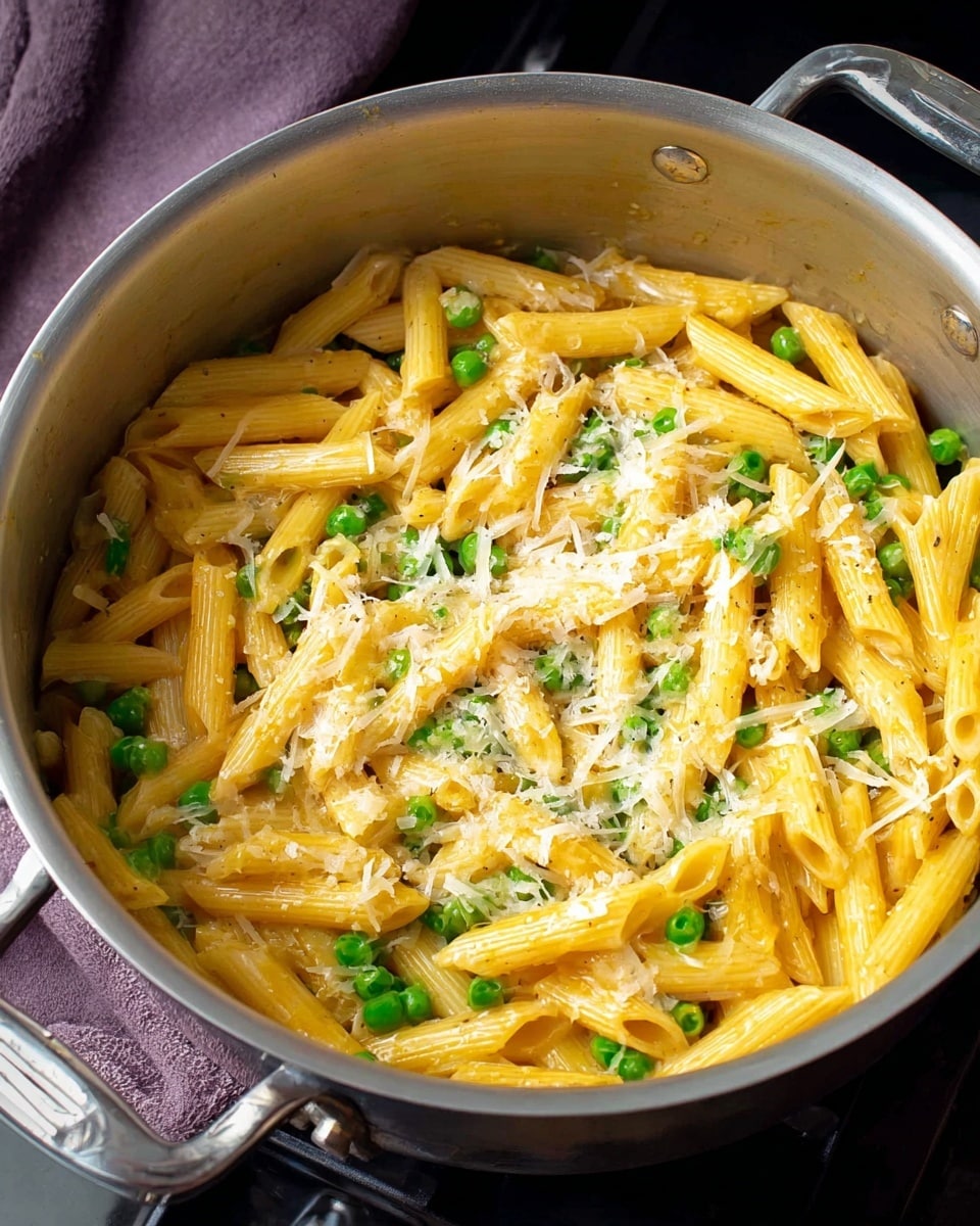 This image shows a white pot filled with pasta made from short, tube-shaped pieces. The pasta is yellowish and mixed with small green peas and a light sauce that makes it look shiny and soft. On top of the pasta, there is a light sprinkle of fine white cheese. A black spoon lifts a portion of the pasta out of the pot, showing the texture and layers clearly. The background is slightly blurred but has a white marbled surface. photo taken with an iphone --ar 4:5 --v 7