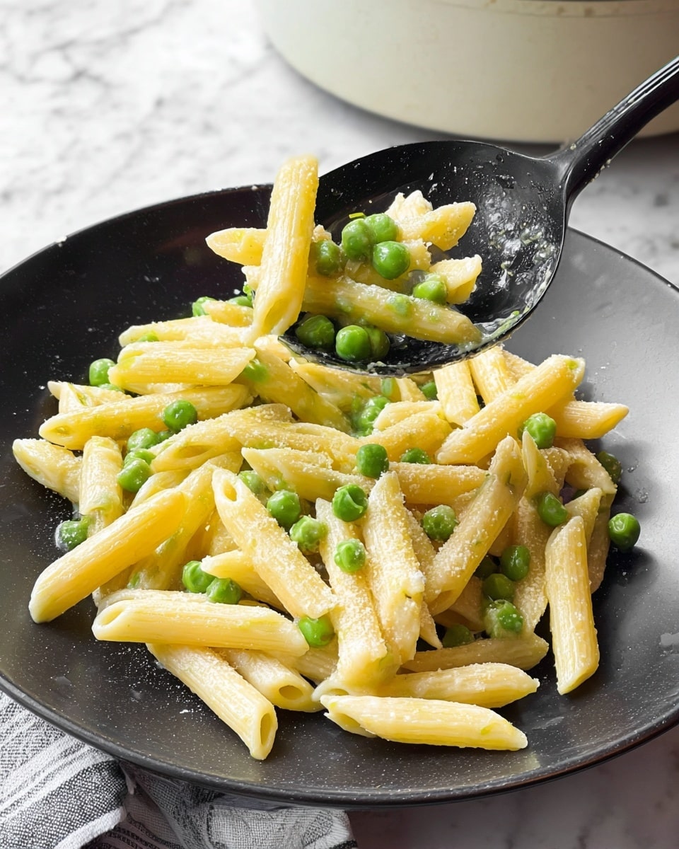 A dark plate holds a serving of penne pasta mixed with green peas. The pasta pieces are light yellow and smooth, some slightly overlapping each other. The green peas add a bright contrast, scattered among the pasta. A black serving spoon is lifting some pasta and peas from the plate. The surface beneath the plate is a white marbled texture, and part of a white pot is visible in the background. photo taken with an iphone --ar 4:5 --v 7