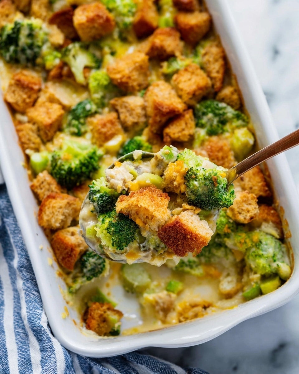 A white baking dish with a broccoli casserole inside is shown on a white marbled surface. The casserole has three visible layers: the bottom layer is a creamy, slightly yellow sauce mixed with small bits of broccoli, the middle layer contains bright green broccoli florets, and the top layer is made of golden-brown crispy bread cubes spread evenly. A spoon lifts a portion, showing a mix of creamy sauce, broccoli, and crunchy bread cubes together. In the background, a striped blue and white cloth is visible. Photo taken with an iphone --ar 4:5 --v 7