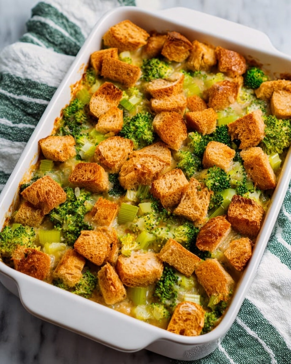 A white rectangular dish holds a baked casserole with two main layers: the bottom layer is a mix of green broccoli florets and light green celery pieces, and the top layer is covered in golden brown toasted bread cubes that are crispy and uneven in size. The dish sits on a white marbled surface next to a white and green striped cloth. Photo taken with an iphone --ar 4:5 --v 7