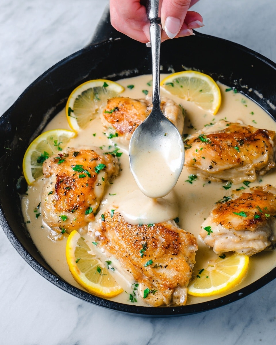 A close-up view of four golden brown cooked chicken pieces in a black skillet, each piece sitting in a light creamy sauce that covers the bottom of the pan; lemon wedges are placed around the edges, and small green herb pieces are sprinkled over the chicken for garnish. A woman's hand is holding a spoon above the chicken, pouring more creamy sauce over one piece, adding texture and warmth to the scene. The background shows a white marbled texture. photo taken with an iphone --ar 4:5 --v 7