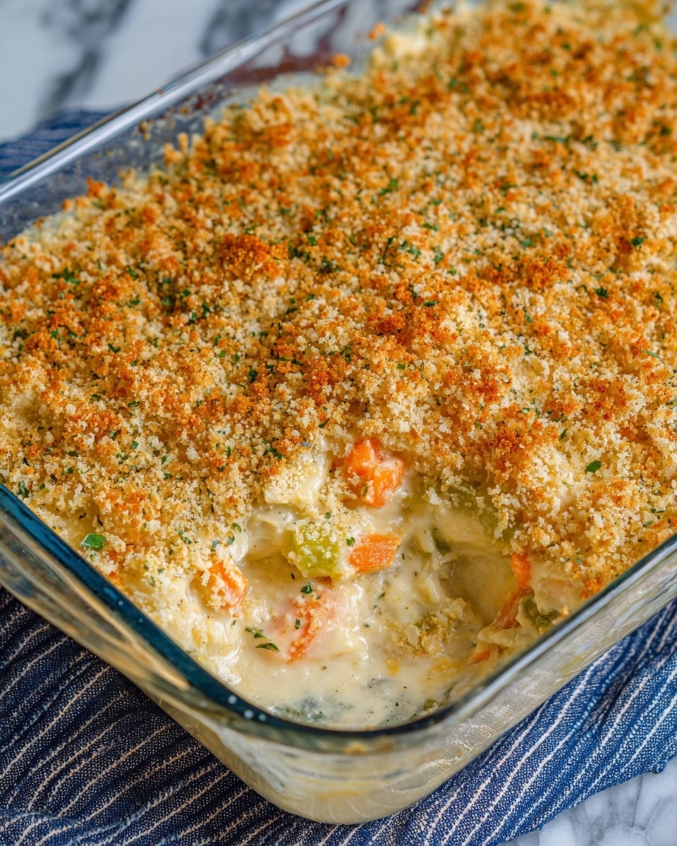This image shows a glass baking dish filled with a creamy casserole topped with a golden brown crumbly layer. The casserole has two visible layers: the bottom layer is a thick, creamy mixture with bits of orange carrots and green celery, and the top layer is a crunchy, lightly browned breadcrumb topping with flecks of herbs. A portion of the casserole is scooped out from one corner, revealing the thick creamy filling underneath. The dish is placed on a white marbled surface with a blue and white striped cloth partially visible beneath it. Photo taken with an iphone --ar 4:5 --v 7