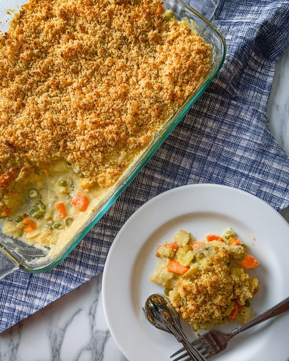 The image shows a baked casserole dish with two main layers visible through the clear glass: a creamy, light yellow base mixed with chunks of vegetables in white, orange, and green colors, topped with a thick, golden-brown crumb layer that looks crispy and textured. On a white plate nearby, a portion of the casserole is served, showing the same layers with the crumb topping sitting on a soft mix of vegetables. Two metal forks rest on the plate, and all items are placed on a white marbled surface with a blue and white checkered cloth partially visible. Photo taken with an iphone --ar 4:5 --v 7