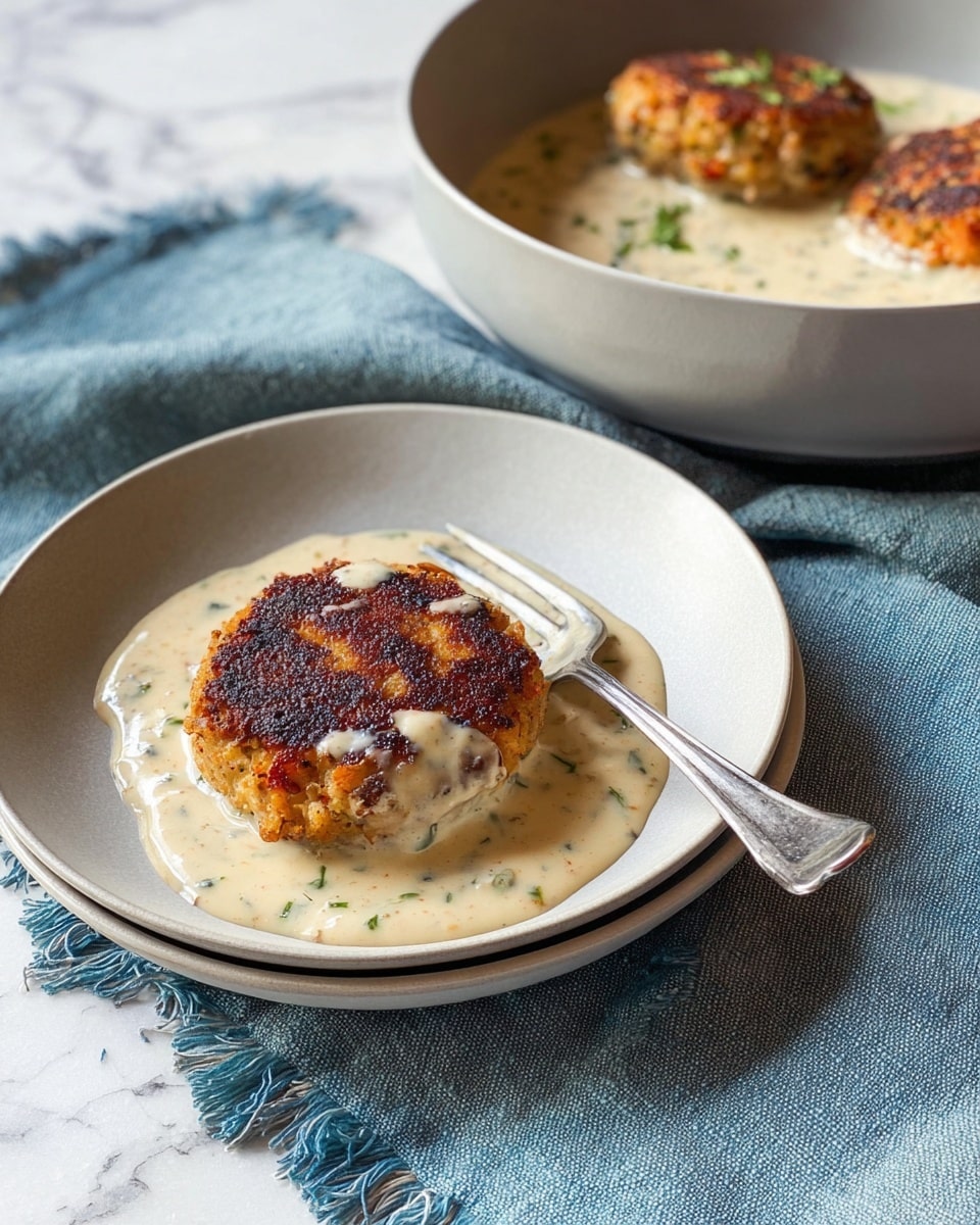 The image shows one browned round patty placed in the center of a white plate, covered partially by a thick creamy white sauce with small green herb bits. The patty has a crispy texture with dark brown edges and some golden brown spots. The plate sits on top of another white plate, and a silver fork is resting on the lower right side of the top plate. Behind the plates, there is a matching white bowl filled with the same creamy sauce and two visible patties, one slightly submerged. Both the plates and bowl are placed on a soft blue cloth with frayed edges, all set against a white marbled surface. Photo taken with an iphone --ar 4:5 --v 7