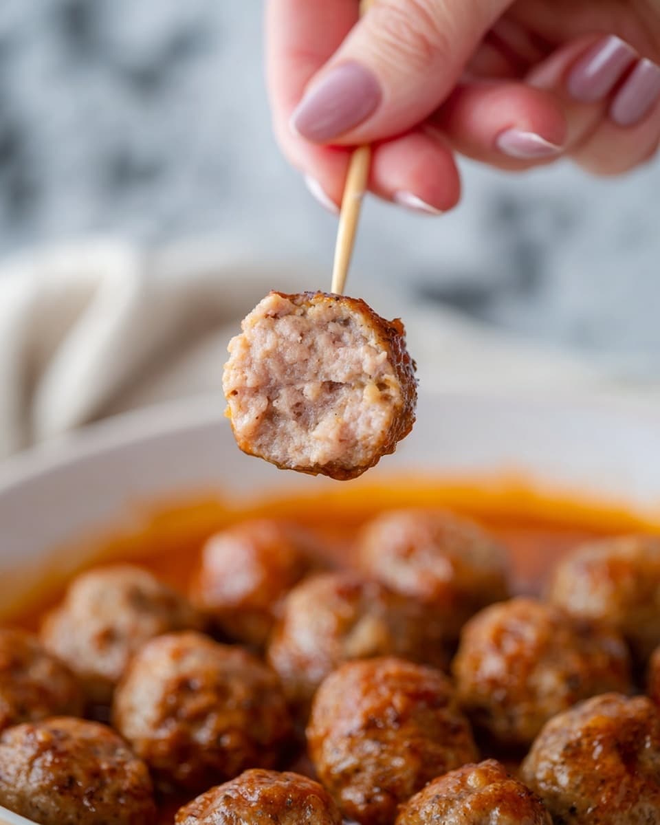 A woman's hand holds a toothpick with a single meatball that shows its soft, pinkish inside with small bits of white, surrounded by a lightly brown, textured outer layer. Below the meatball, a white bowl filled with many similar round meatballs sits in a layer of orange-brown sauce. The background features a white marbled surface out of focus. Photo taken with an iphone --ar 4:5 --v 7
