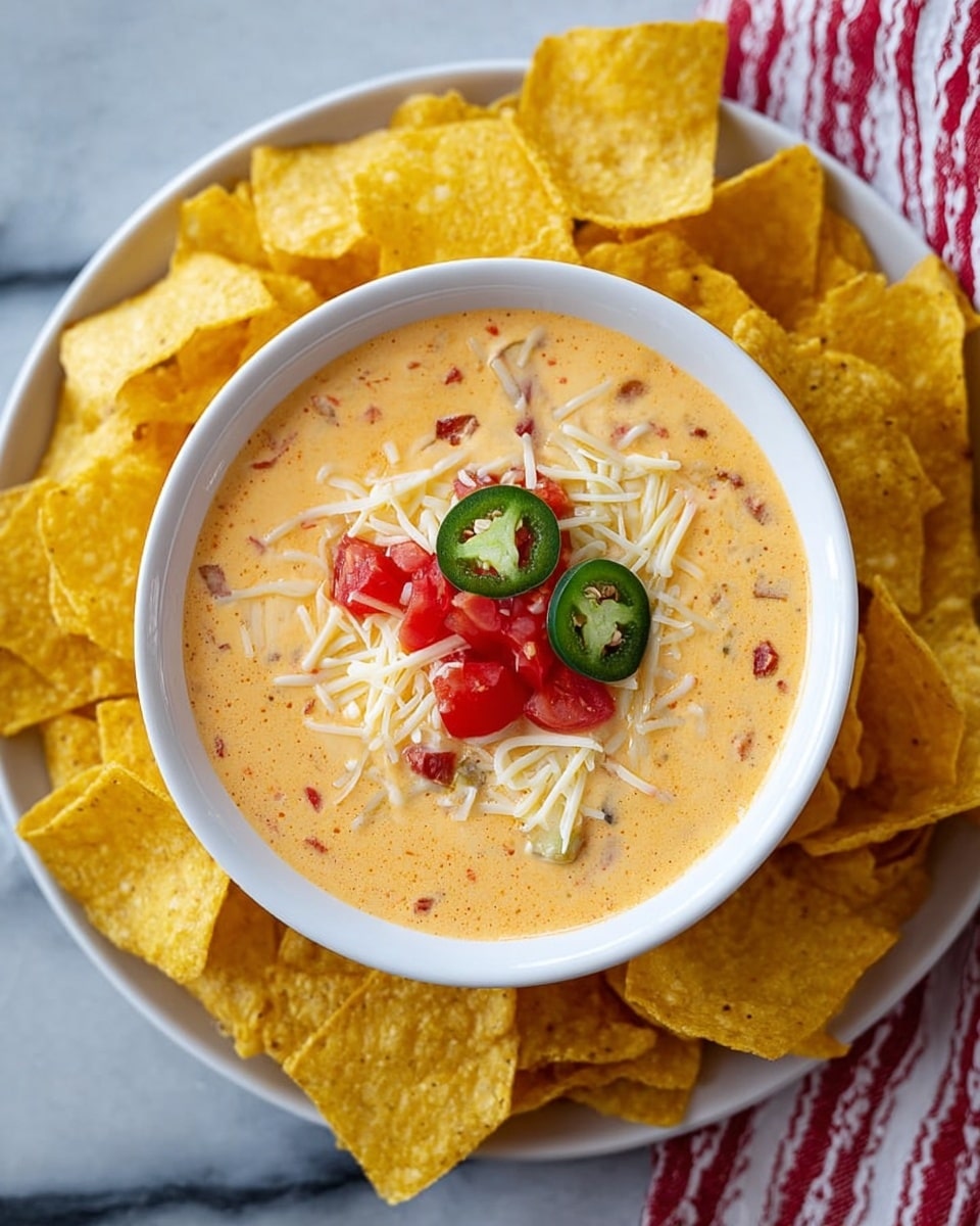 A white bowl filled with orange creamy cheese dip sits in the center. The dip has three visible toppings: melted white cheese on the left, small red tomato pieces in the middle, and green jalapeno slices on top of the tomatoes. A woman's hand is holding a yellow corn chip dipped into the cheese on the right side. Around the bowl, a pile of yellow corn chips spreads out. The background has a white marbled texture. photo taken with an iphone --ar 4:5 --v 7