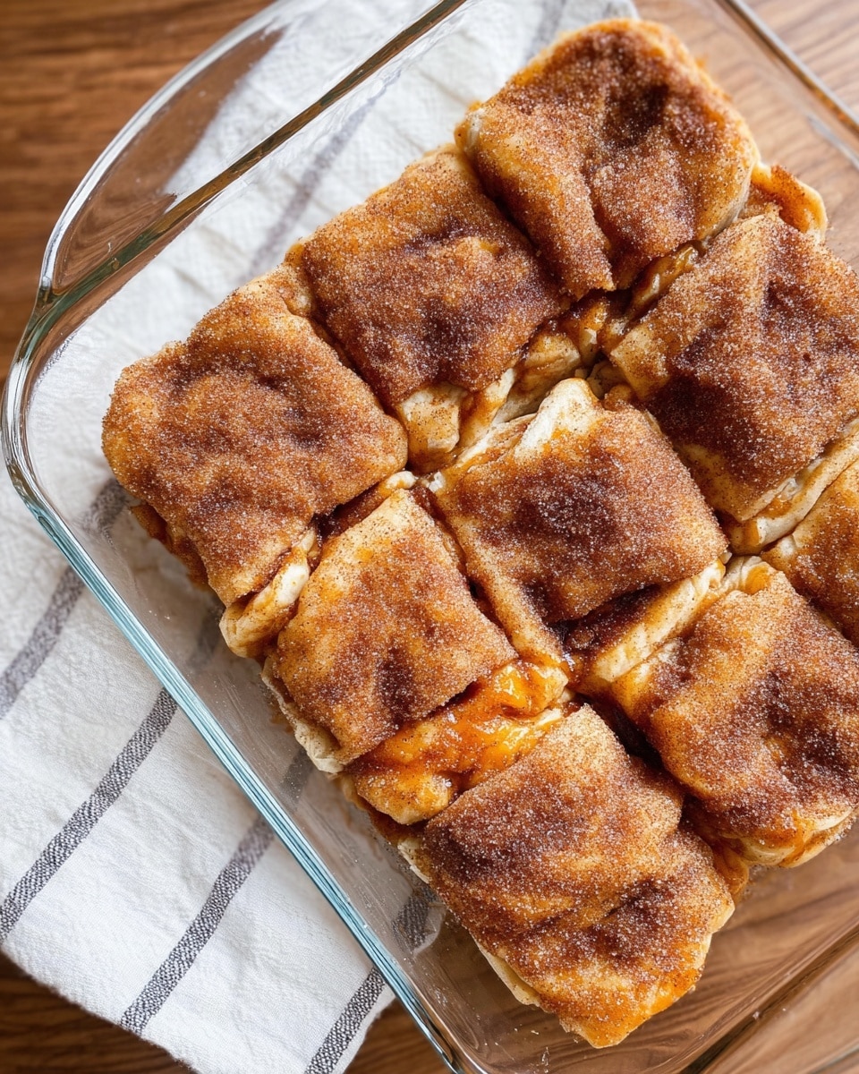 The image shows a glass baking dish filled with nine rectangular cinnamon pastry pieces. Each piece has a light golden-brown outer layer with a thick dusting of cinnamon sugar on top, giving a textured, slightly sugary look. The pastries appear soft and flaky, with some edges folded and darker areas where caramelization happened. The dish sits on a wooden surface, next to a white cloth with grey stripes. photo taken with an iphone --ar 4:5 --v 7